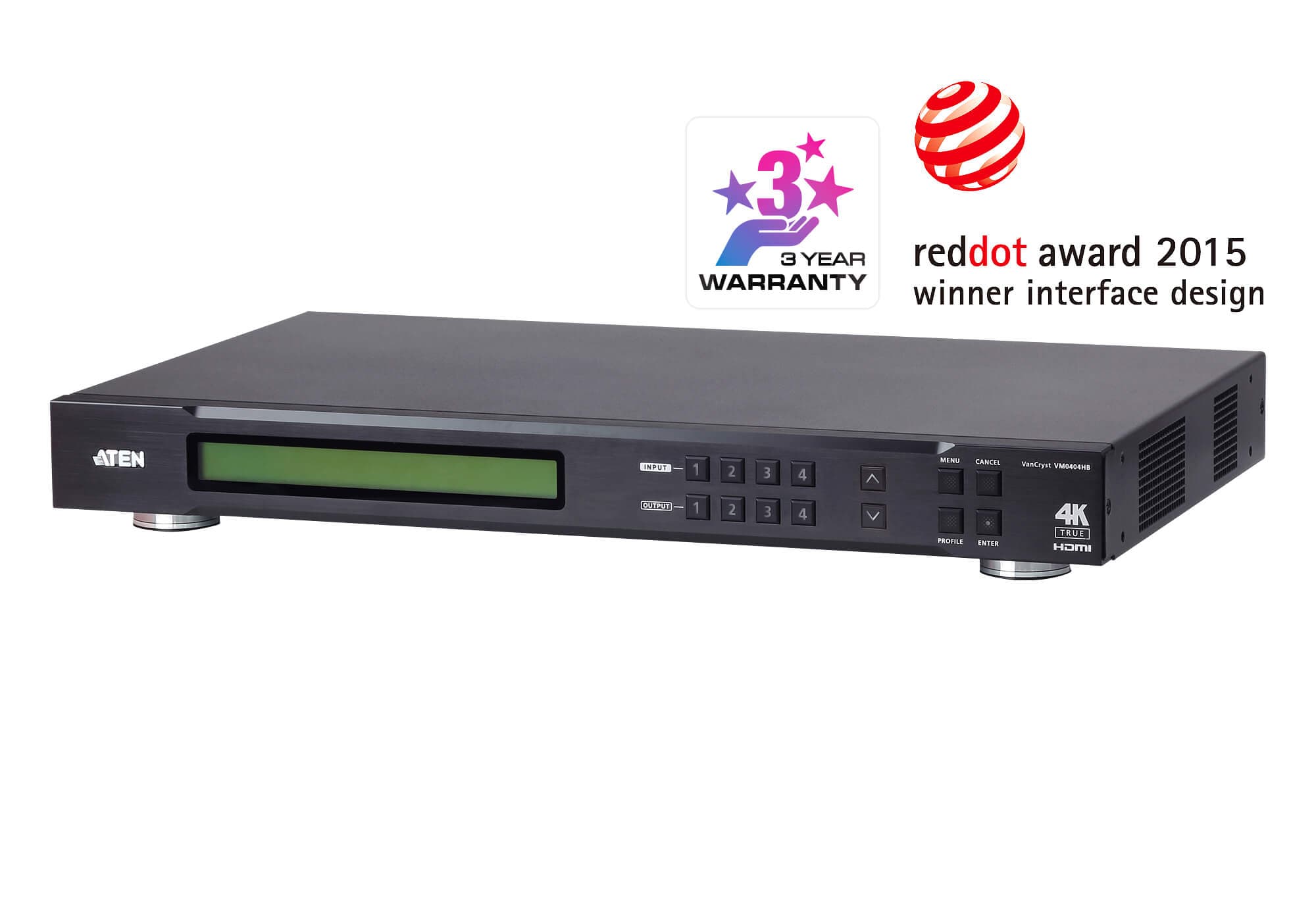 ATEN VanCryst VM0404HB 4 x 4 True 4K HDMI matrix switch, three-quarter view of the 1U chassis
