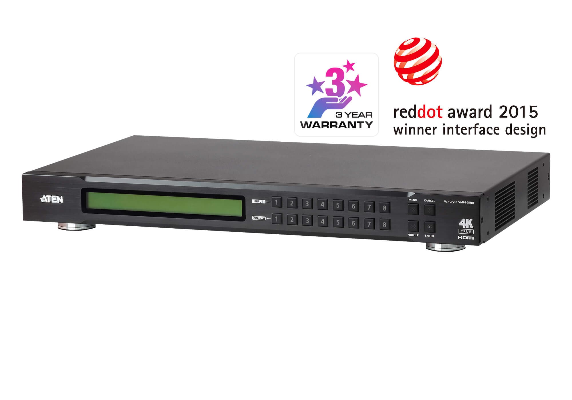 ATEN VanCryst VM0808HB 8 x 8 True 4K HDMI matrix switch, three-quarter view of the 1U chassis