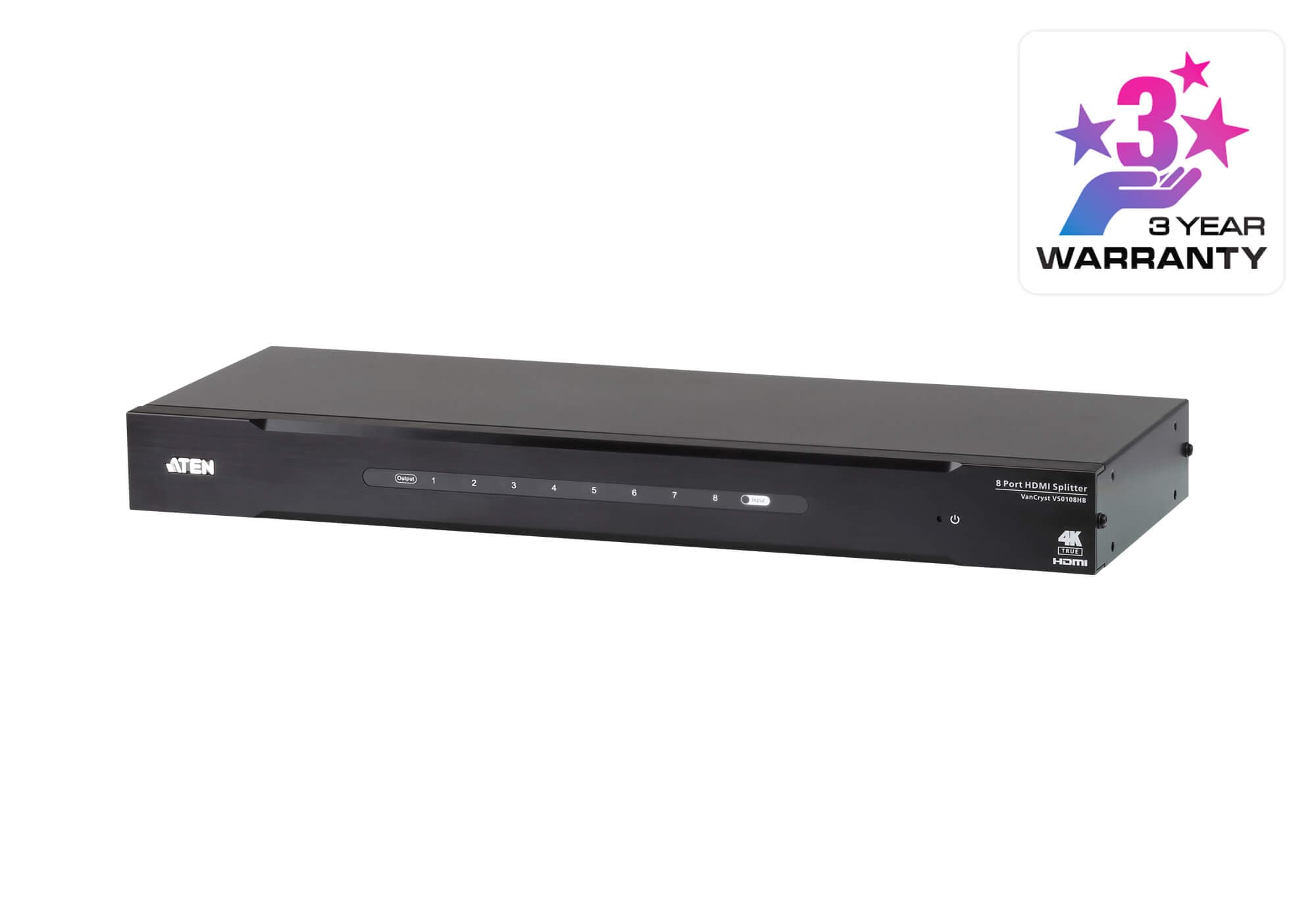 ATEN VanCryst VS0108HB 8-port True 4K HDMI splitter, three-quarter view of the 1U chassis