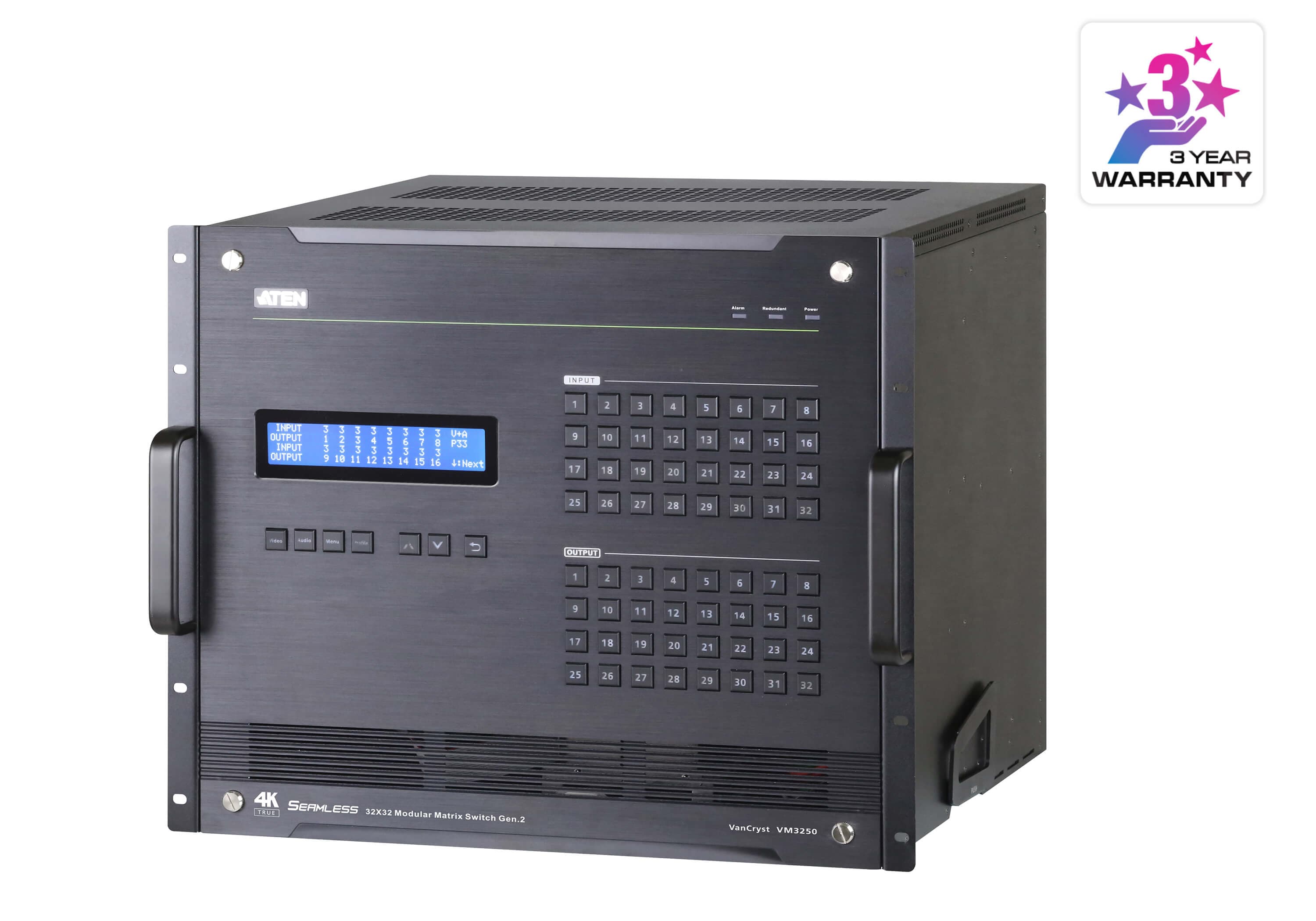 ATEN VM3250 32 x 32 modular matrix switch Gen. 2, three-quarter view of the 9U frame