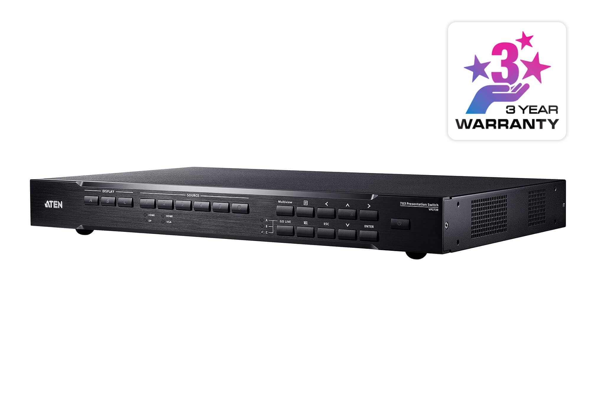 ATEN VP2730 7 x 3 seamless presentation matrix switch, three-quarter view of the 1U chassis
