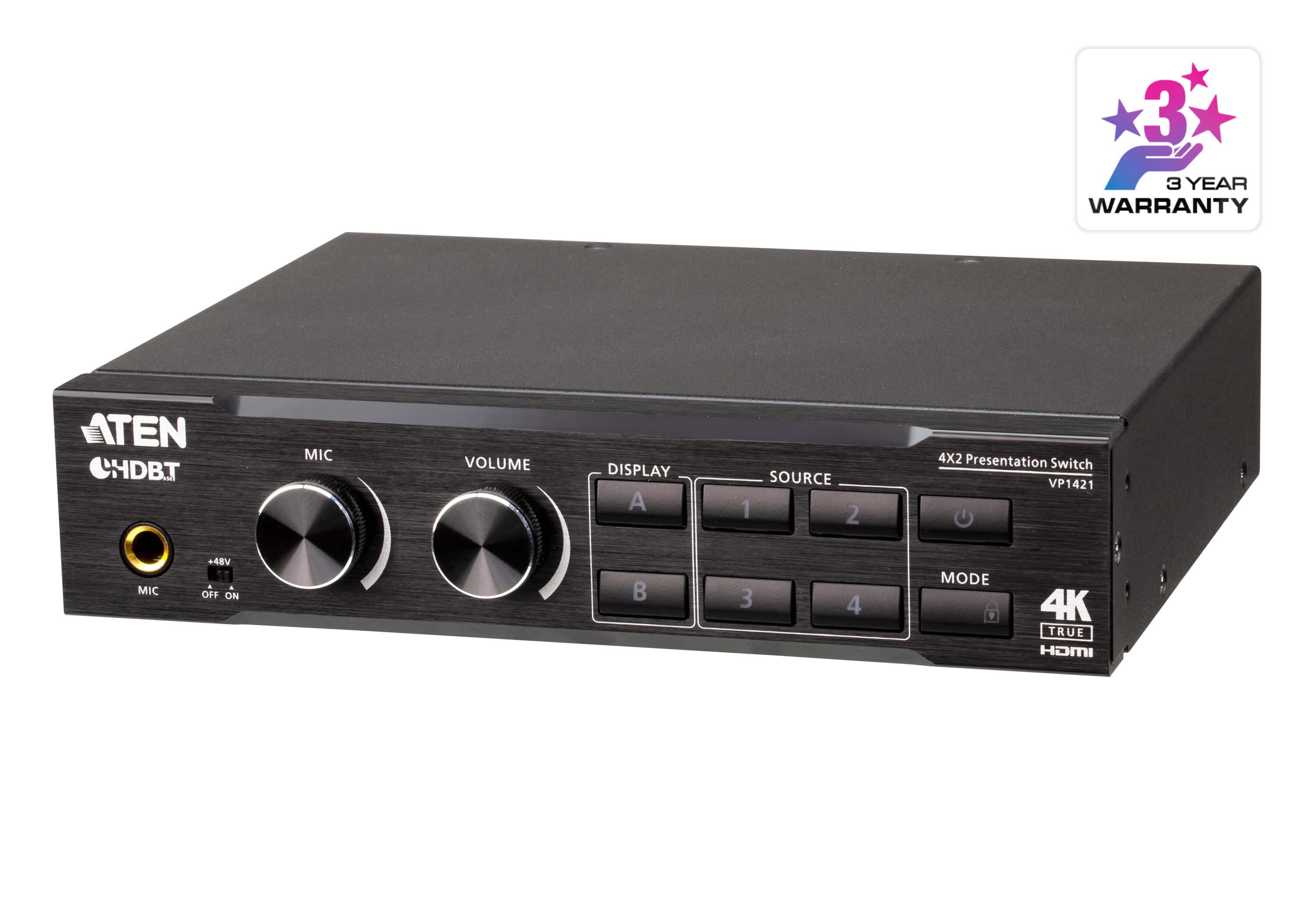 ATEN VP1421 4 x 2 True 4K presentation matrix switch with HDBaseT-Lite, three-quarter view