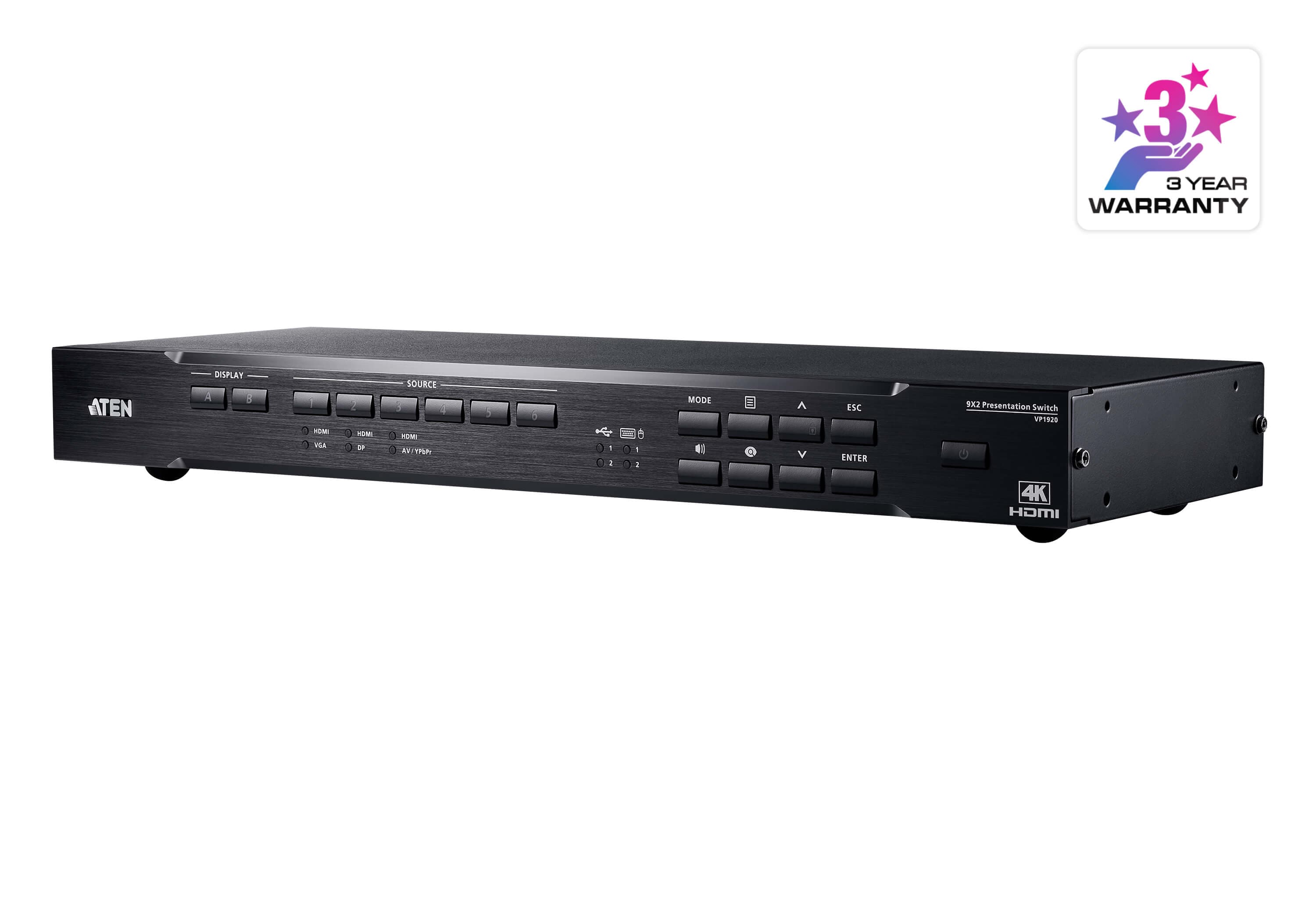 ATEN VP1920 9 x 2 4K presentation matrix switch, three-quarter view of the rack chassis