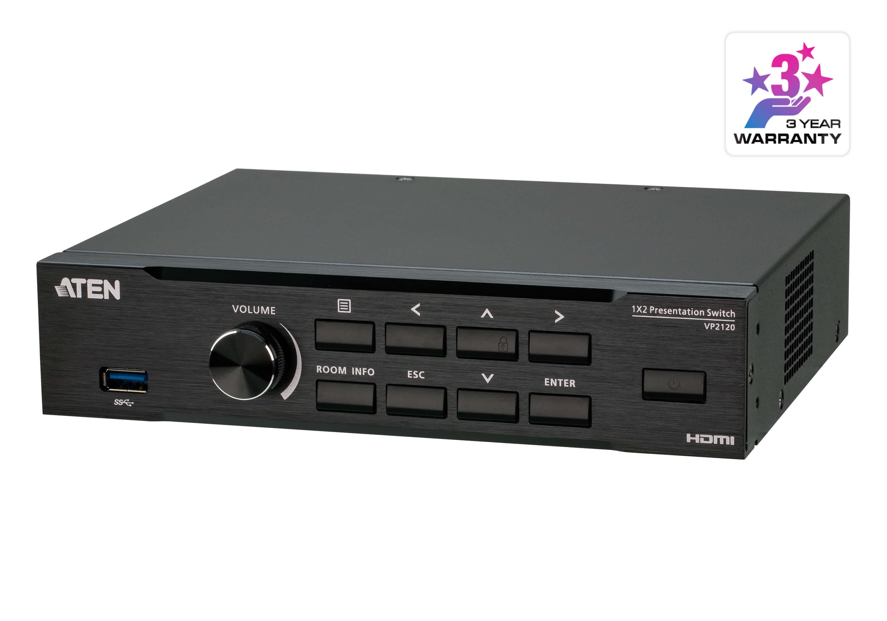 ATEN VP2120 seamless presentation switch with quad view multistreaming, three-quarter view