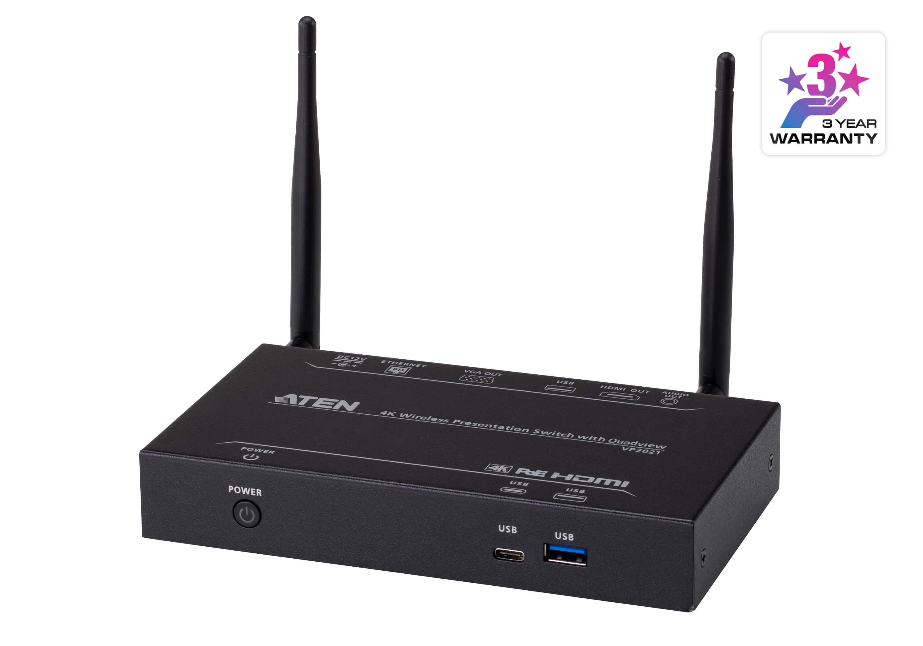 ATEN VP2021 4K wireless presentation switch, three-quarter view of the compact metal unit