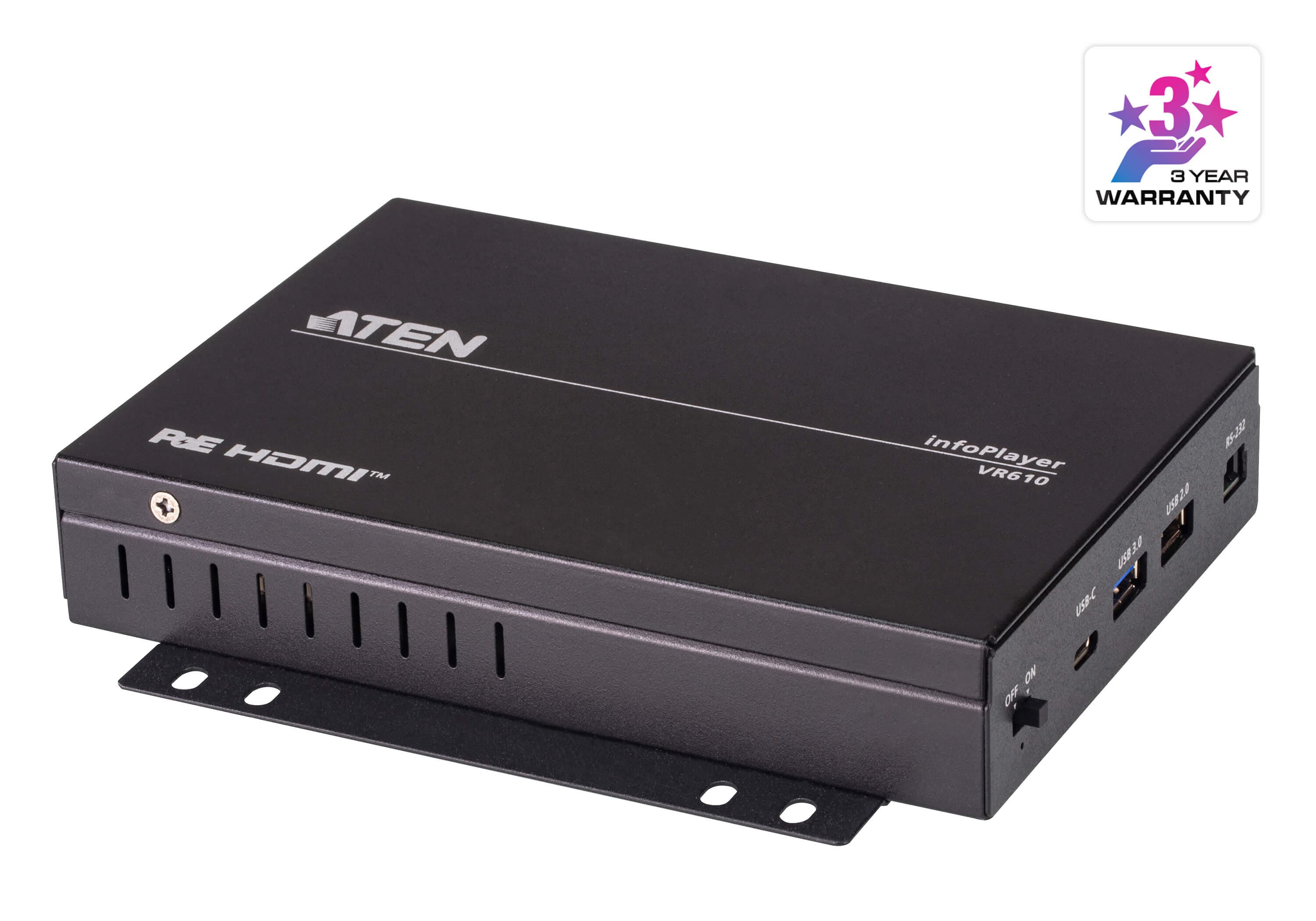 ATEN VR610 Room Booking System infoPlayer, three-quarter view of the compact metal player