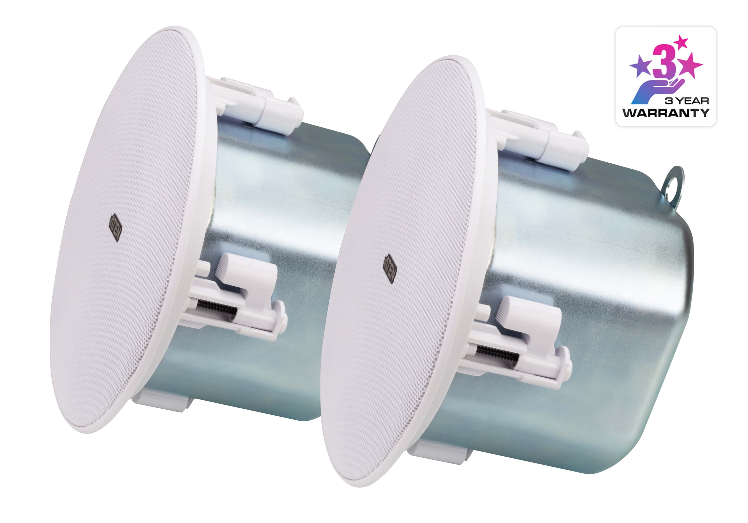 ATEN AS104 4-inch coaxial ceiling loudspeaker, three-quarter view with the white grille fitted