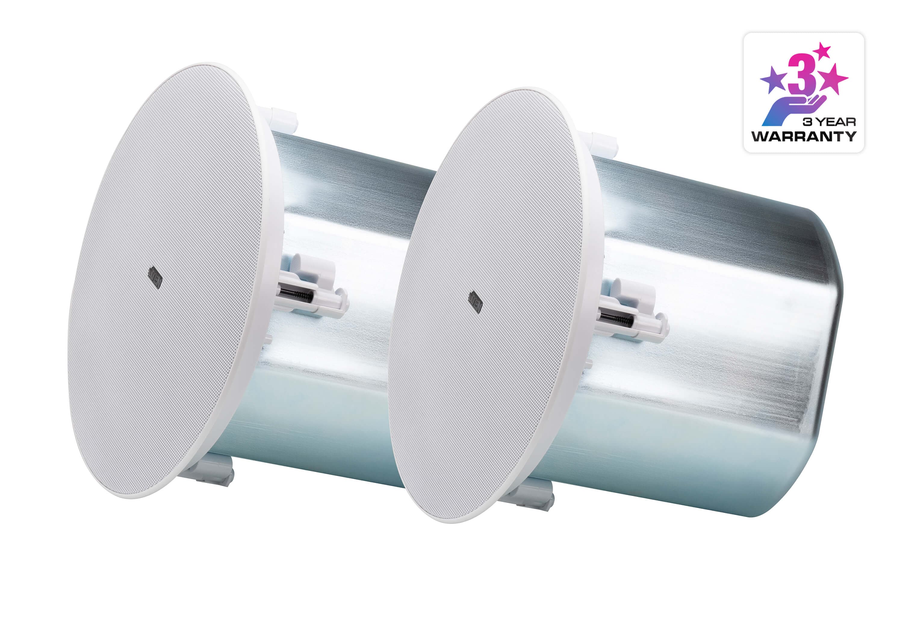 ATEN AS108 8-inch coaxial ceiling loudspeaker, three-quarter view with the white grille fitted