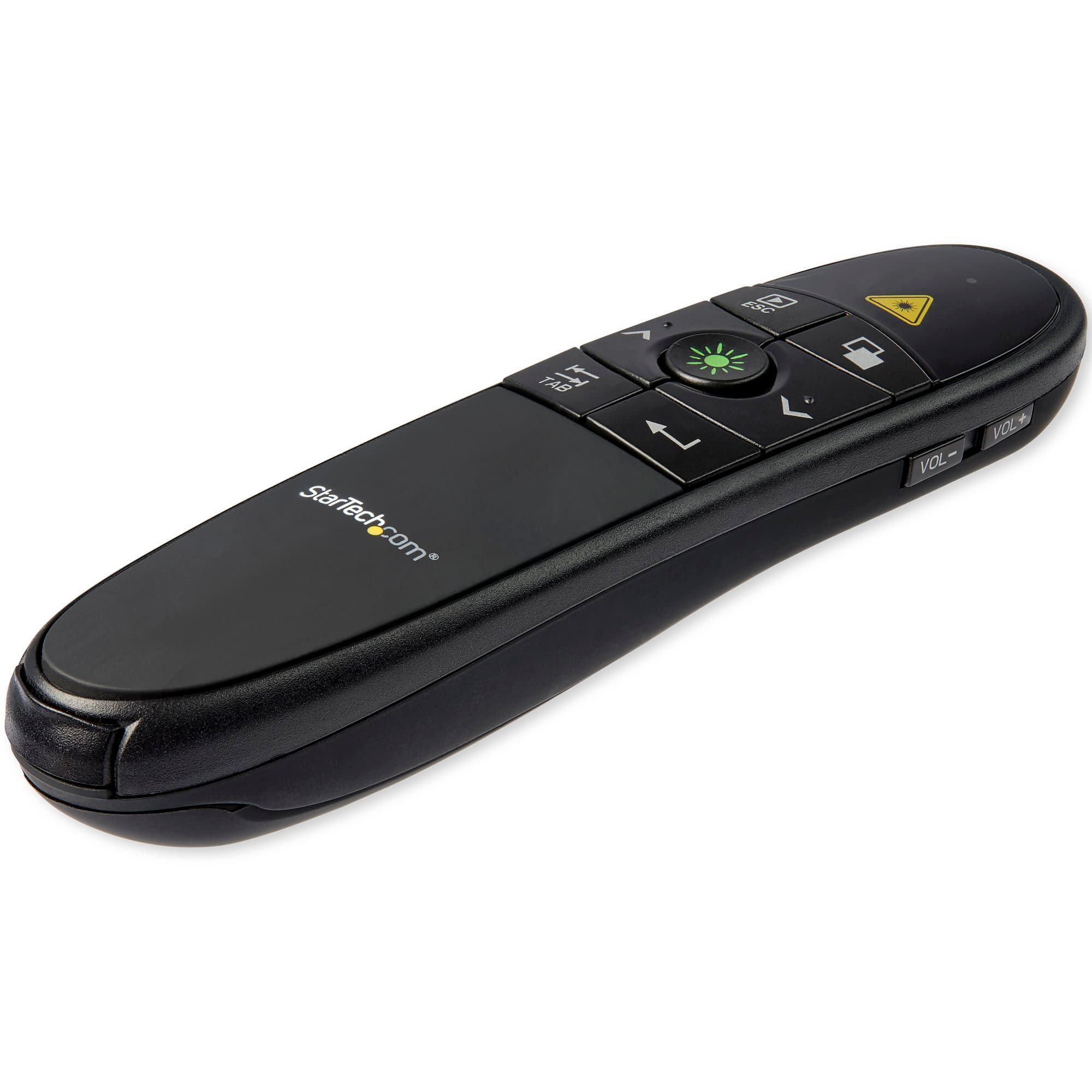 StarTech.com PRESREMOTEG wireless presentation remote with green laser pointer, front view of the black handset