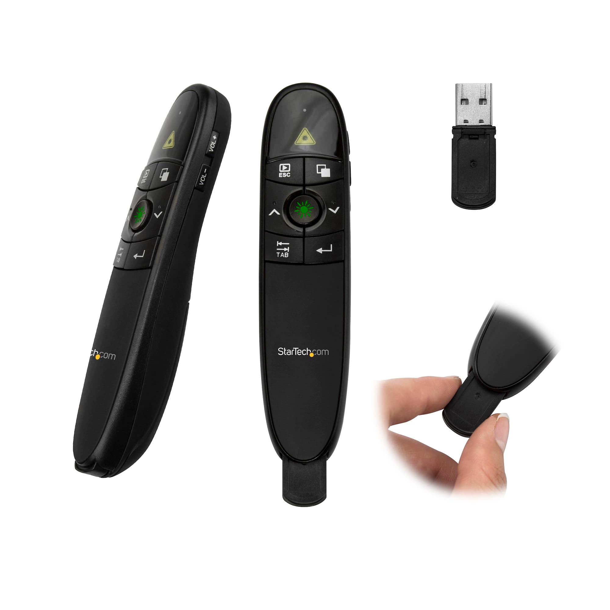 StarTech.com PRESREMOTE wireless presentation remote with red laser pointer, front view of the black handset
