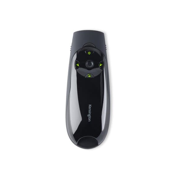 Kensington Presenter Expert wireless presenter with green laser, front view of the black handset