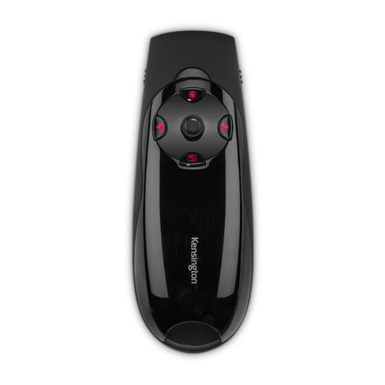 Kensington Presenter Expert wireless presenter with red laser, front view of the black handset