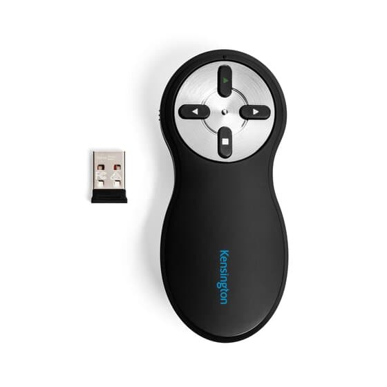 Kensington wireless presenter with nano receiver, front view of the black laser-free handset