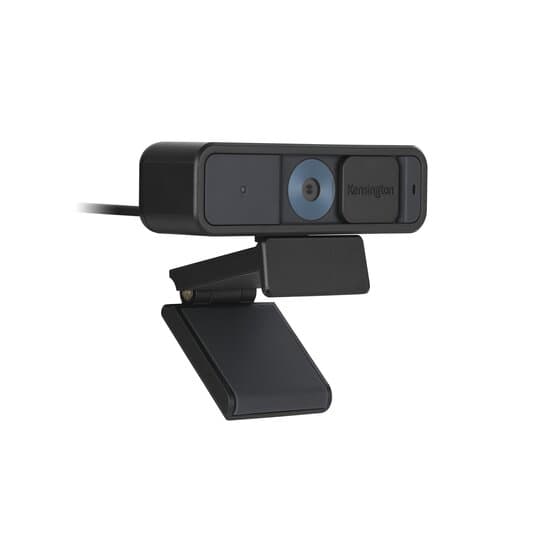 Kensington W2000 1080p auto focus webcam, front view of the black camera on its monitor clip