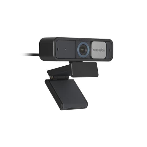 Kensington W2050 Pro 1080p auto focus webcam, front view of the black camera on its monitor clip