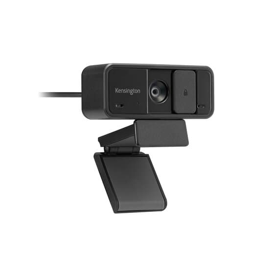 Kensington W1050 1080p fixed focus wide angle webcam, front view of the black camera on its monitor clip
