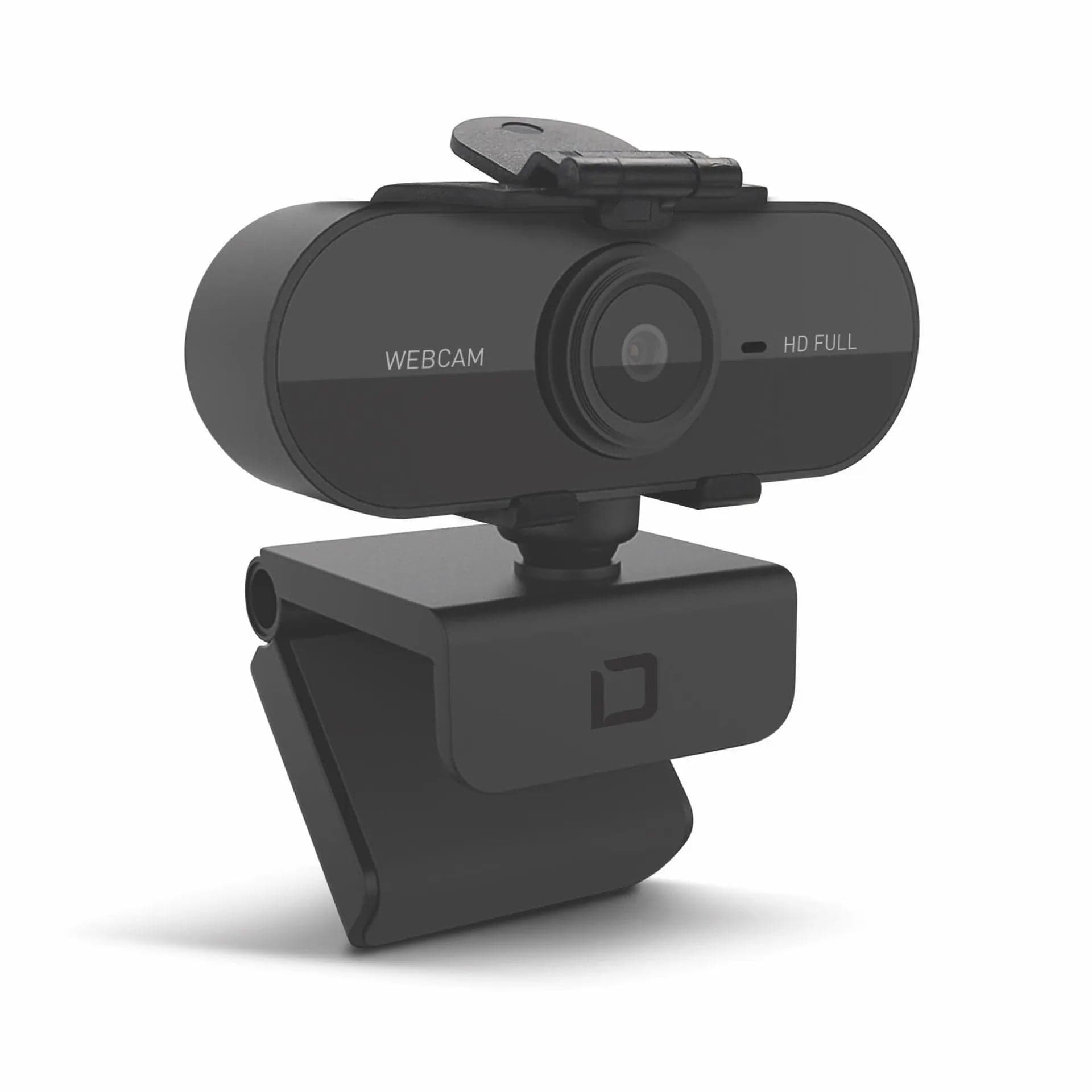 DICOTA Webcam PRO Plus Full HD, front view of the black webcam on its monitor clip