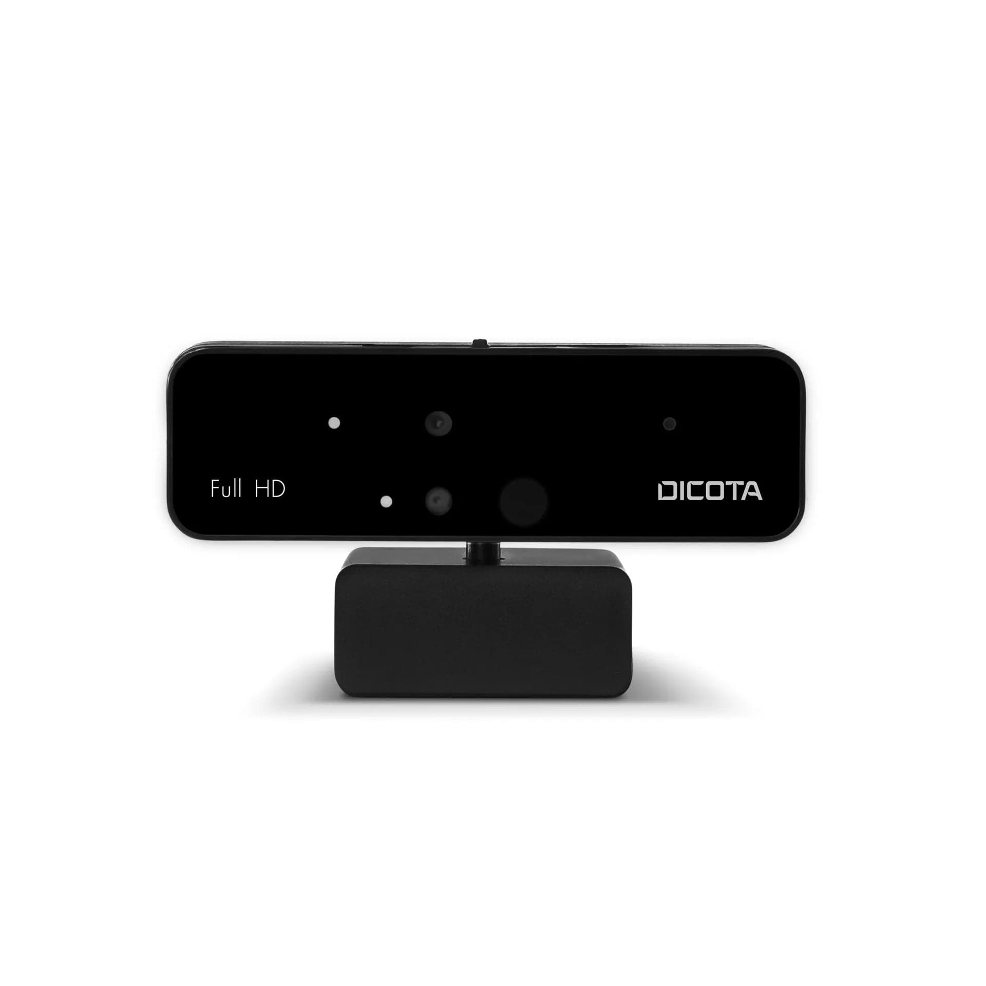 DICOTA Webcam PRO Face Recognition, front view of the black webcam on its monitor clip