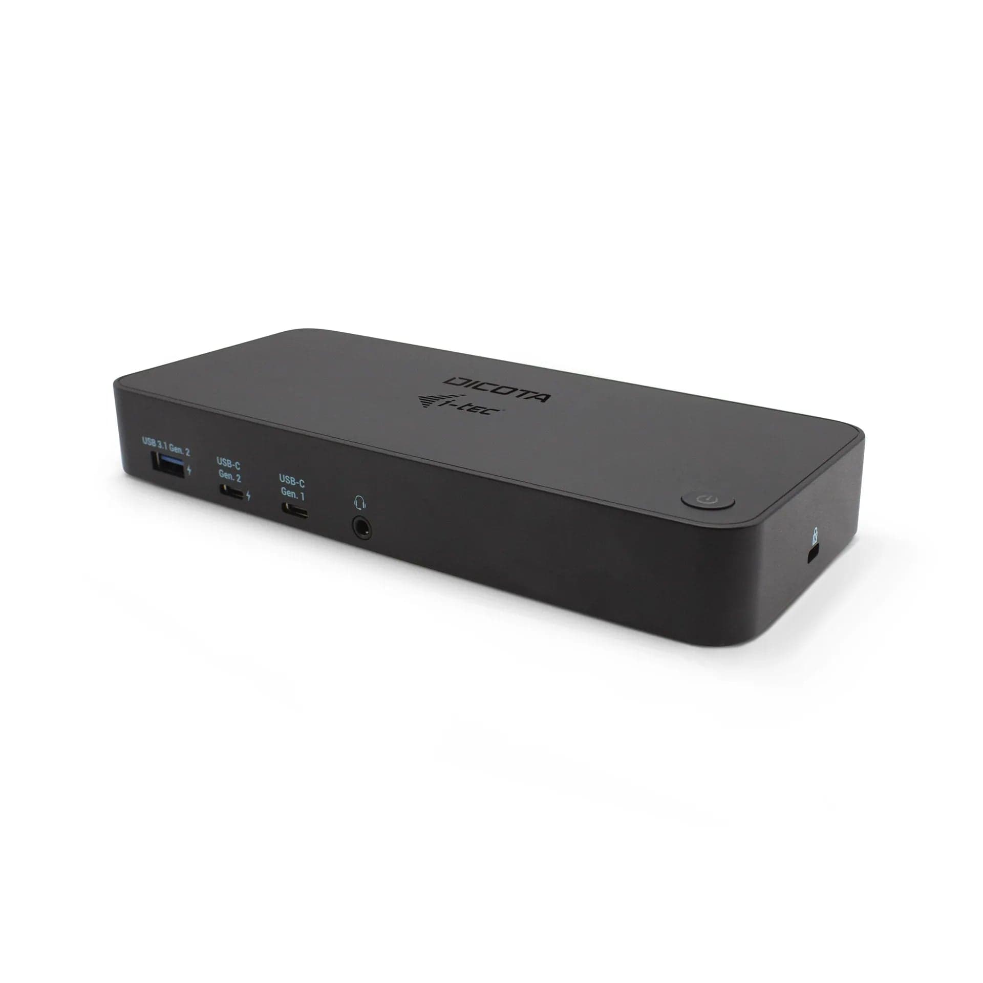DICOTA USB-C 12-in-1 Docking Station 5K with UK plug, three-quarter view of the black dock