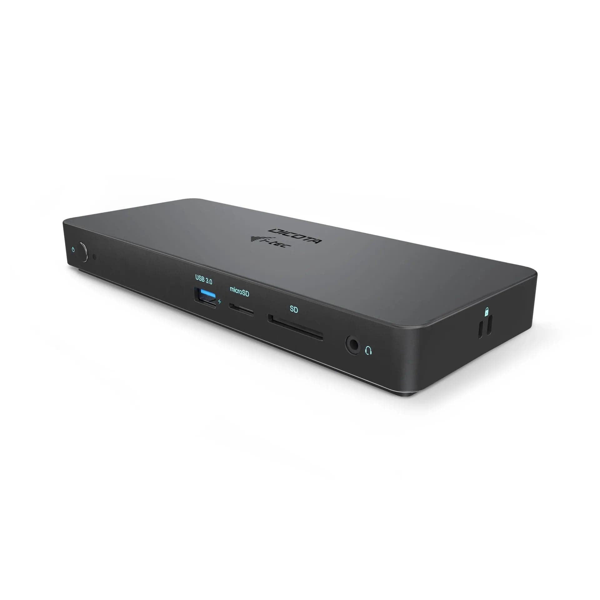 DICOTA USB-C 11-in-1 Docking Station 5K with UK plug, three-quarter view of the black dock