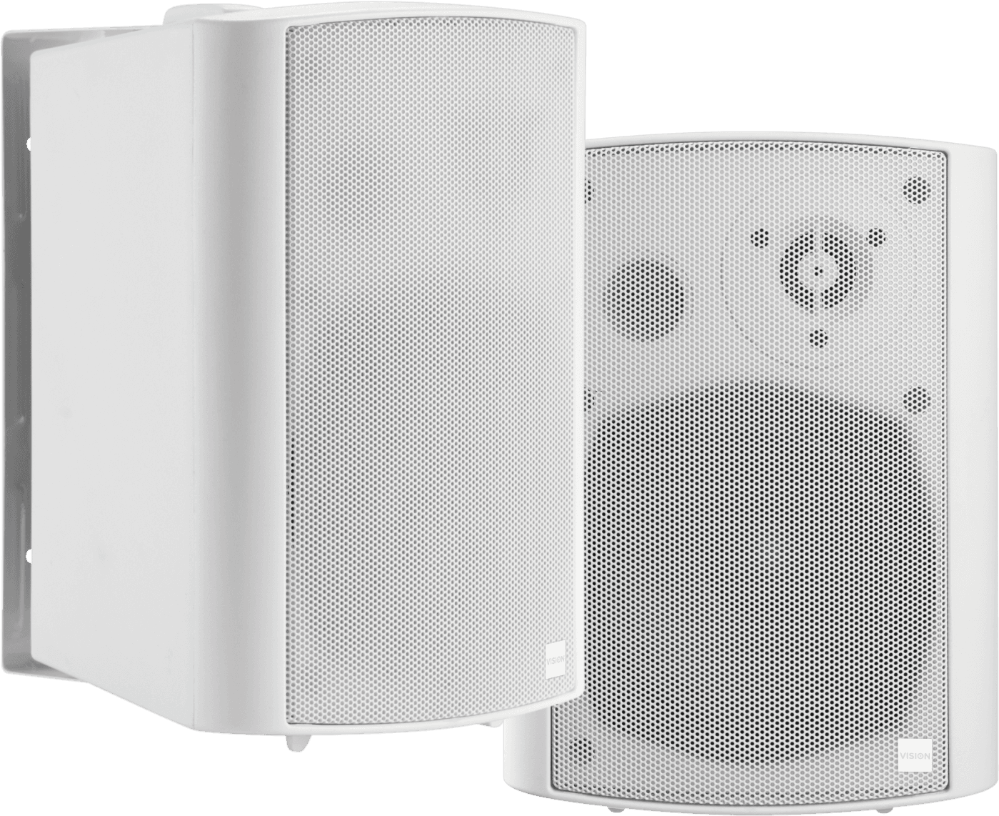 Vision SP-1900P active wall speaker, front angled view of the white cabinet with metal grille