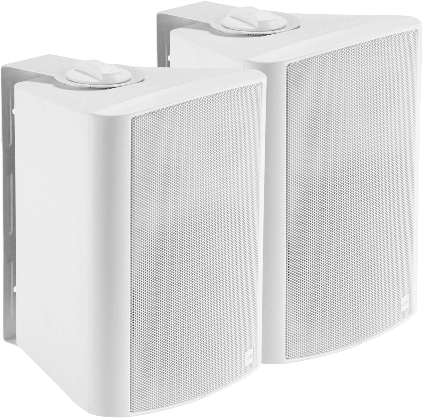 Vision SP-900P active wall speaker, front angled view of the white cabinet