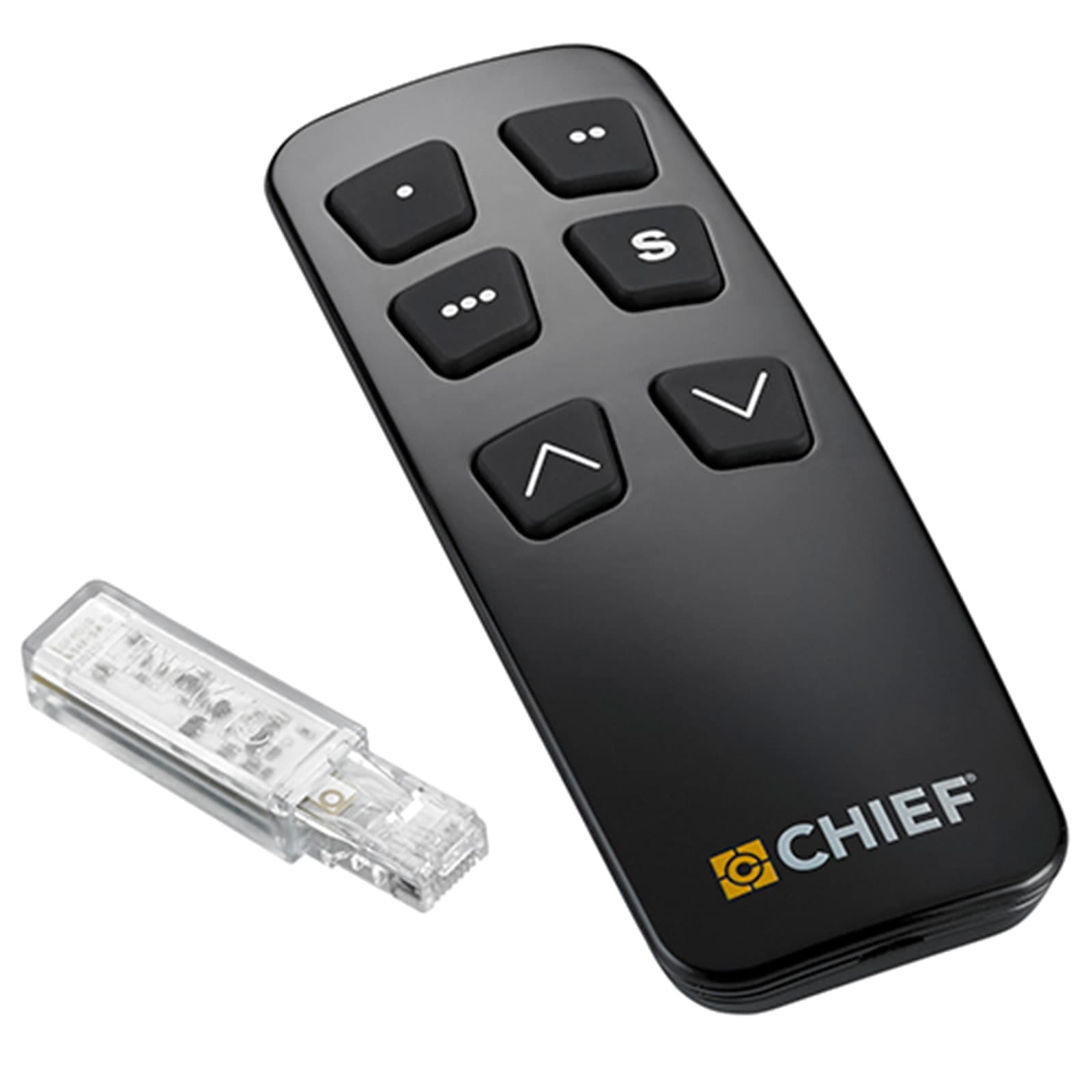 Chief PACREM Bluetooth remote and dongle, showing the black handheld remote and its receiver dongle