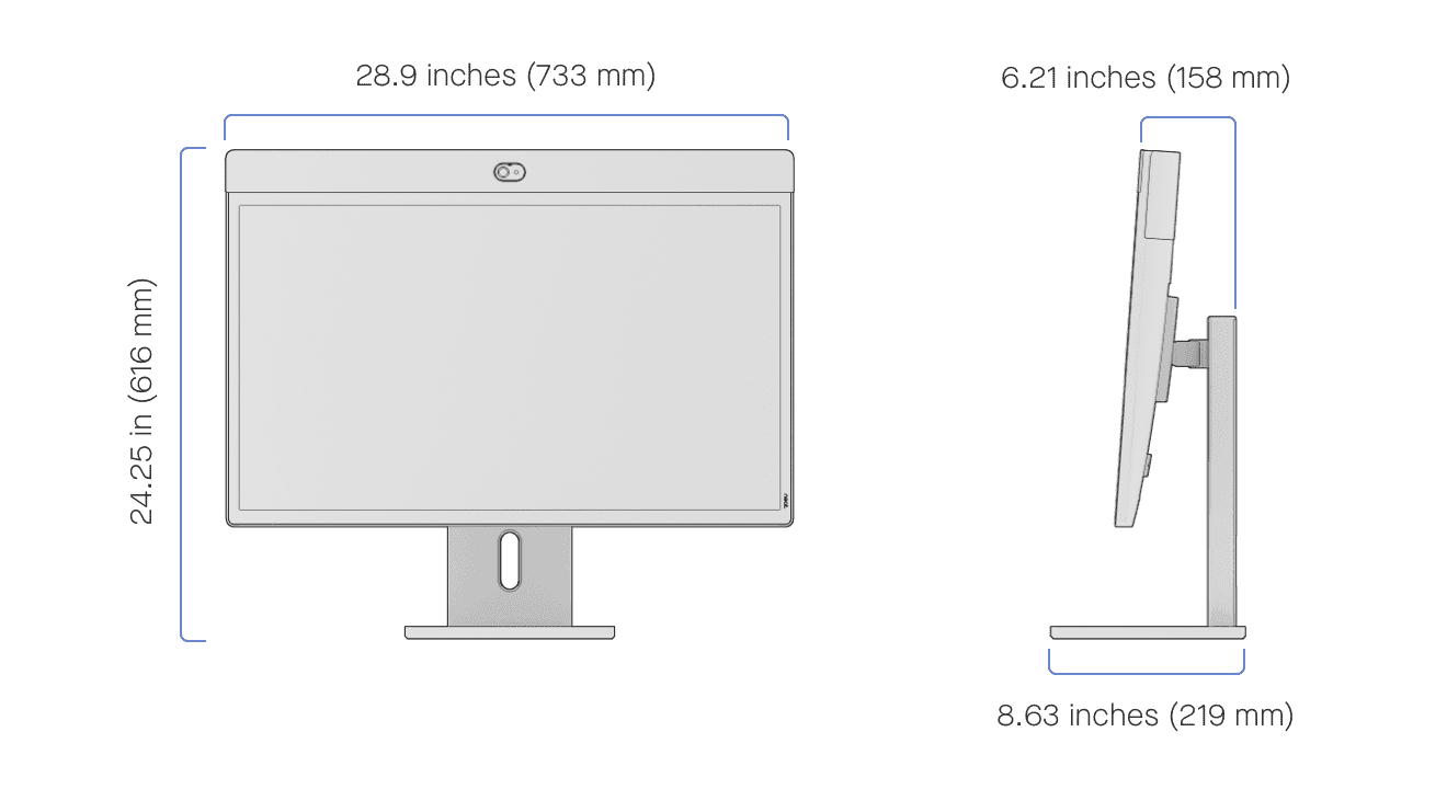 Neat's dimensioned drawing of the Board 32 Adaptive Table Stand, shown front and side with a Board 32 fitted - a line drawing, not a photograph, and the Board is not included
