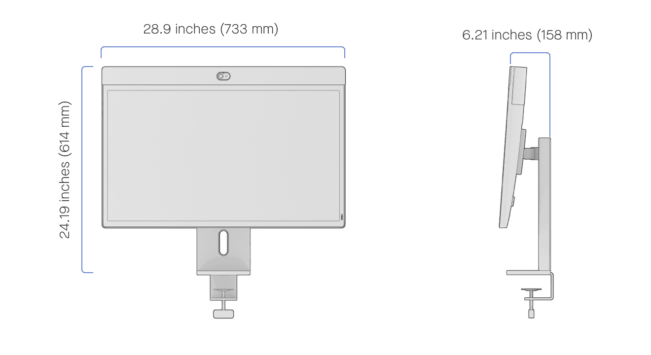 Neat's dimensioned drawing of the Board 32 Adaptive Table Clamp, shown front and side with a Board 32 fitted - a line drawing, not a photograph, and the Board is not included