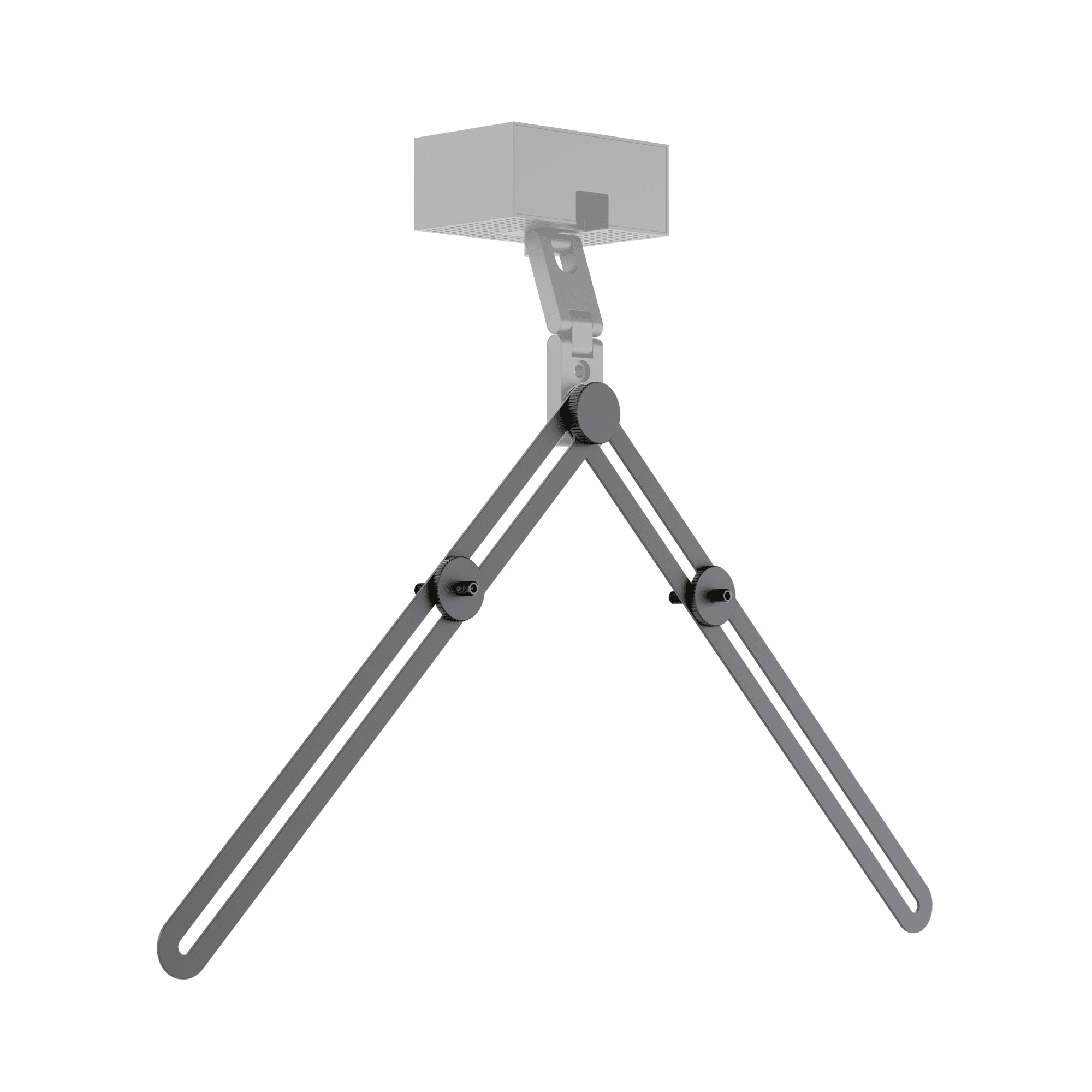Huddly Screen Mount (VESA), the twin-arm bracket that clamps to a display's VESA points, shown from the front; the Huddly L1 camera drawn in outline on the top plate shows how the camera fits and is not included