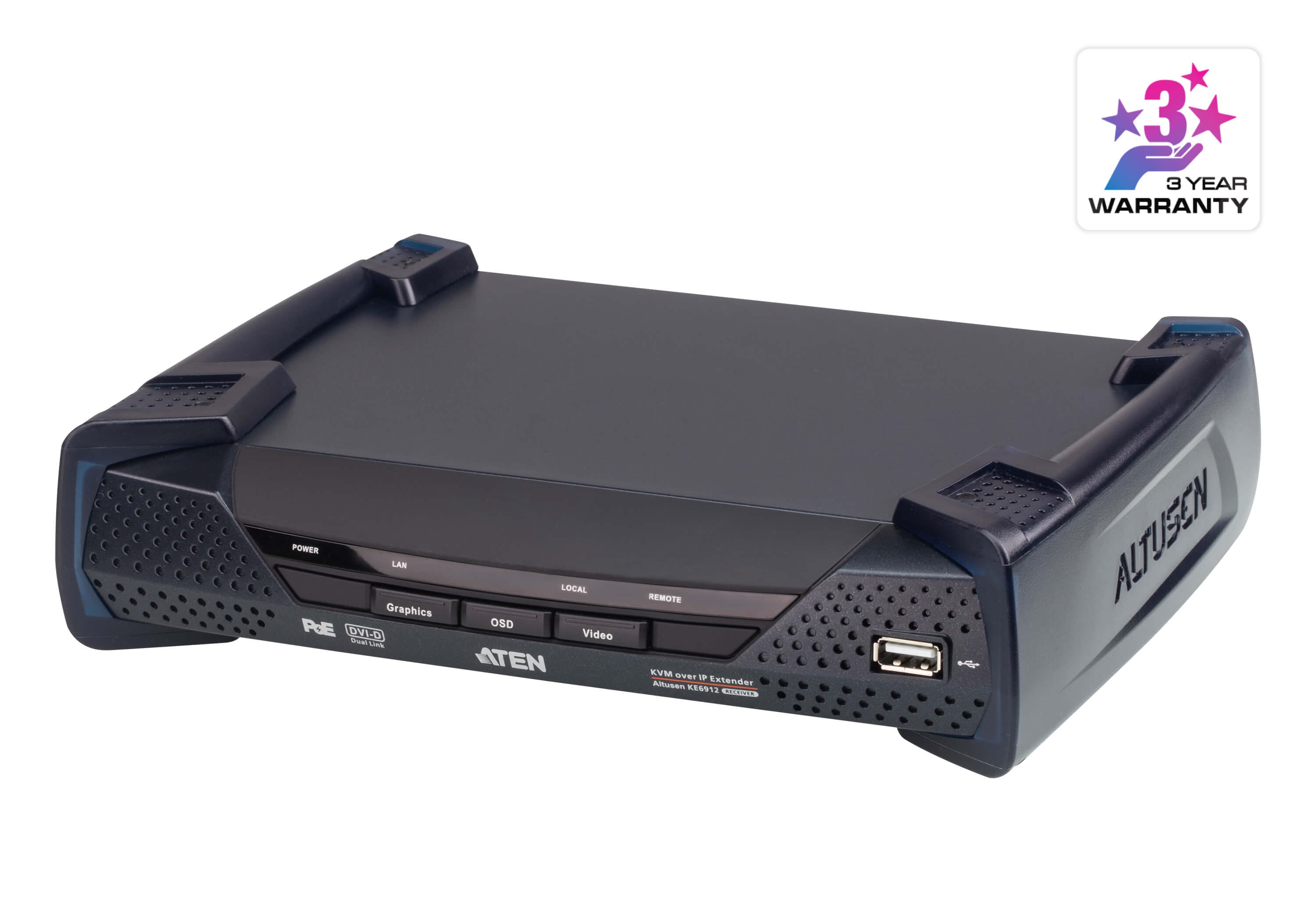 ATEN KE6912R 2K DVI-D Dual Link KVM over IP Receiver with PoE — product photo from ATEN