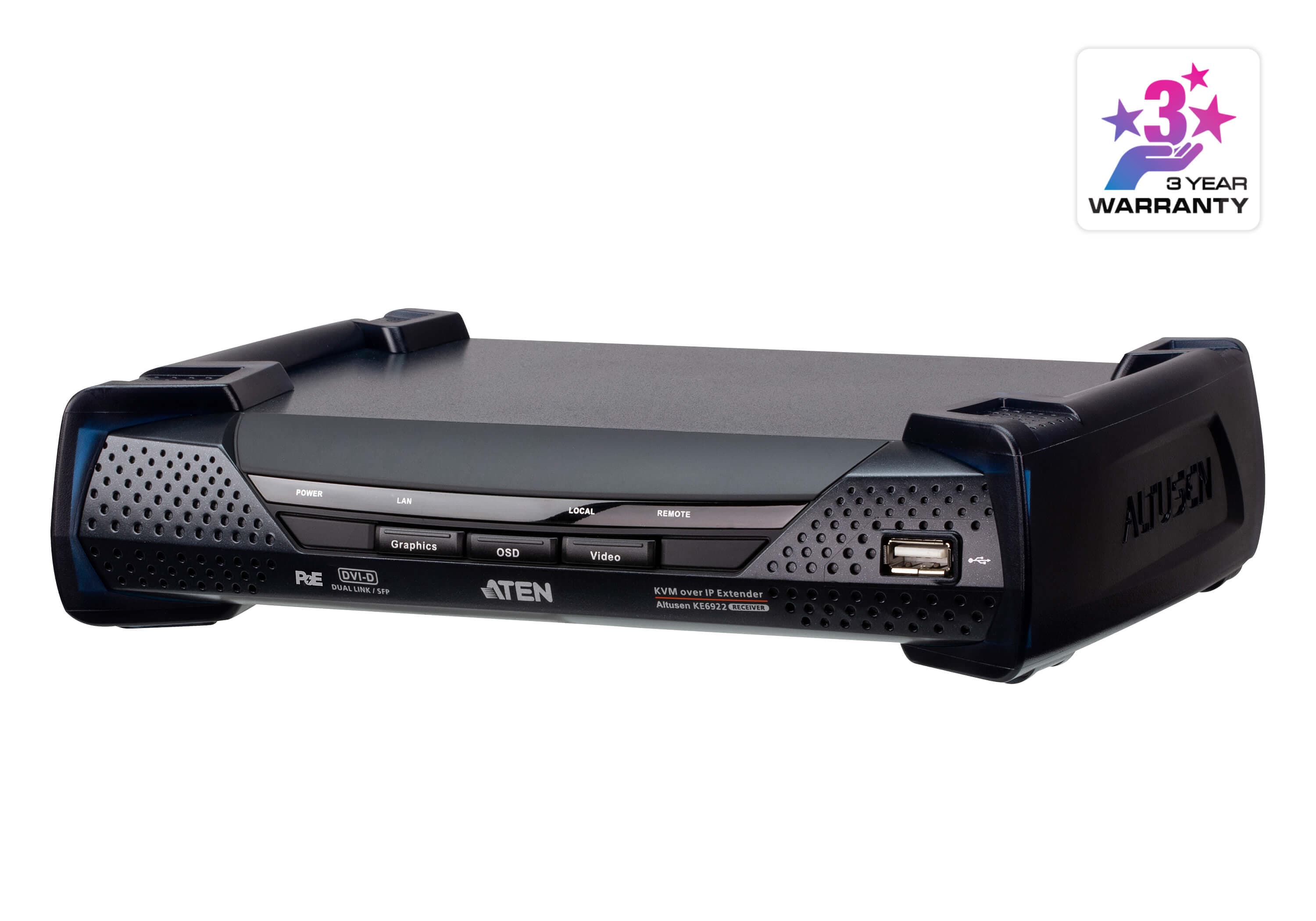 ATEN KE6922R 2K DVI-D Dual-Link KVM over IP Receiver with Dual SFP & PoE — product photo from ATEN