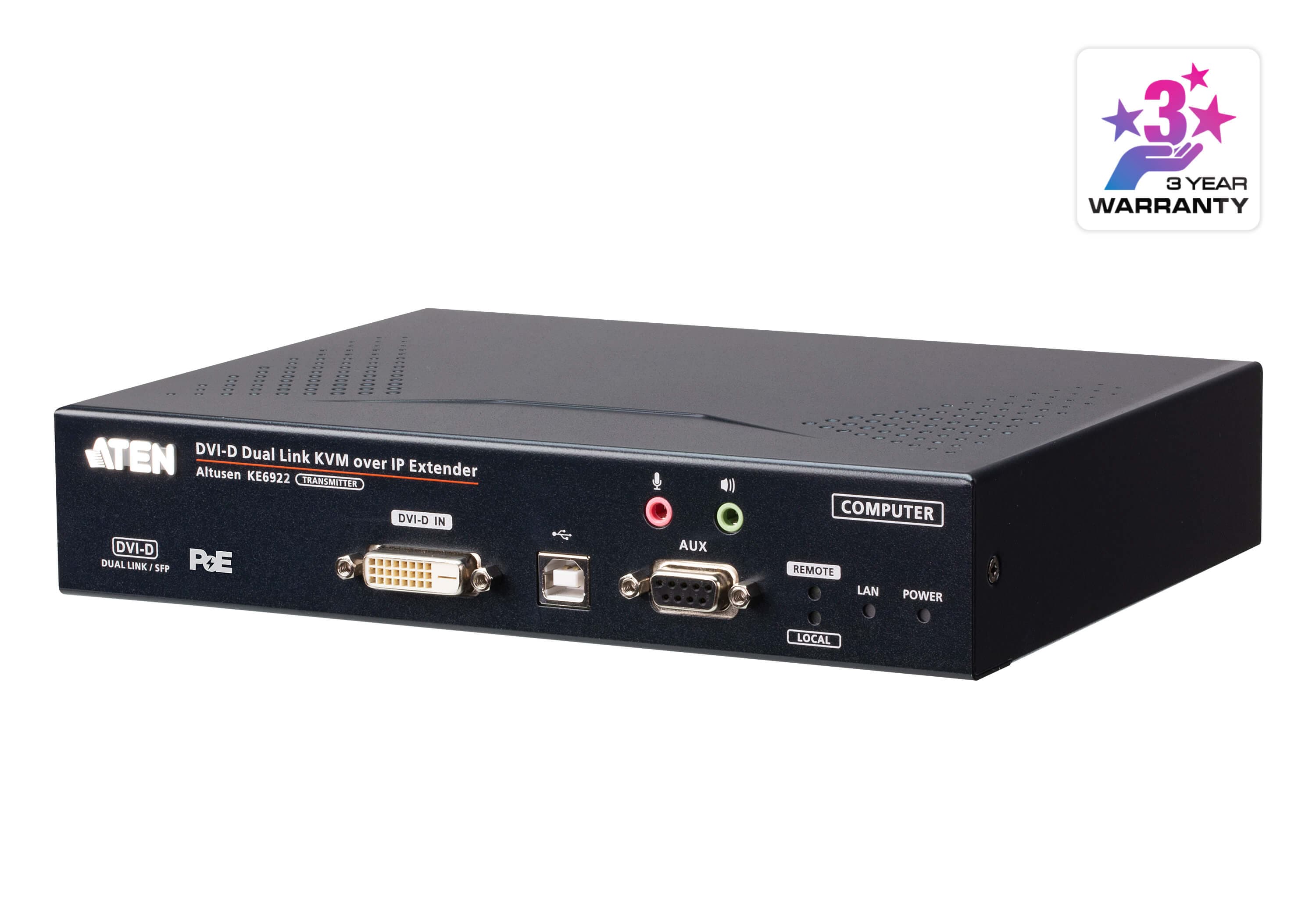 ATEN KE6922T 2K DVI-D Dual-Link KVM over IP Transmitter with Dual SFP & PoE — product photo from ATEN