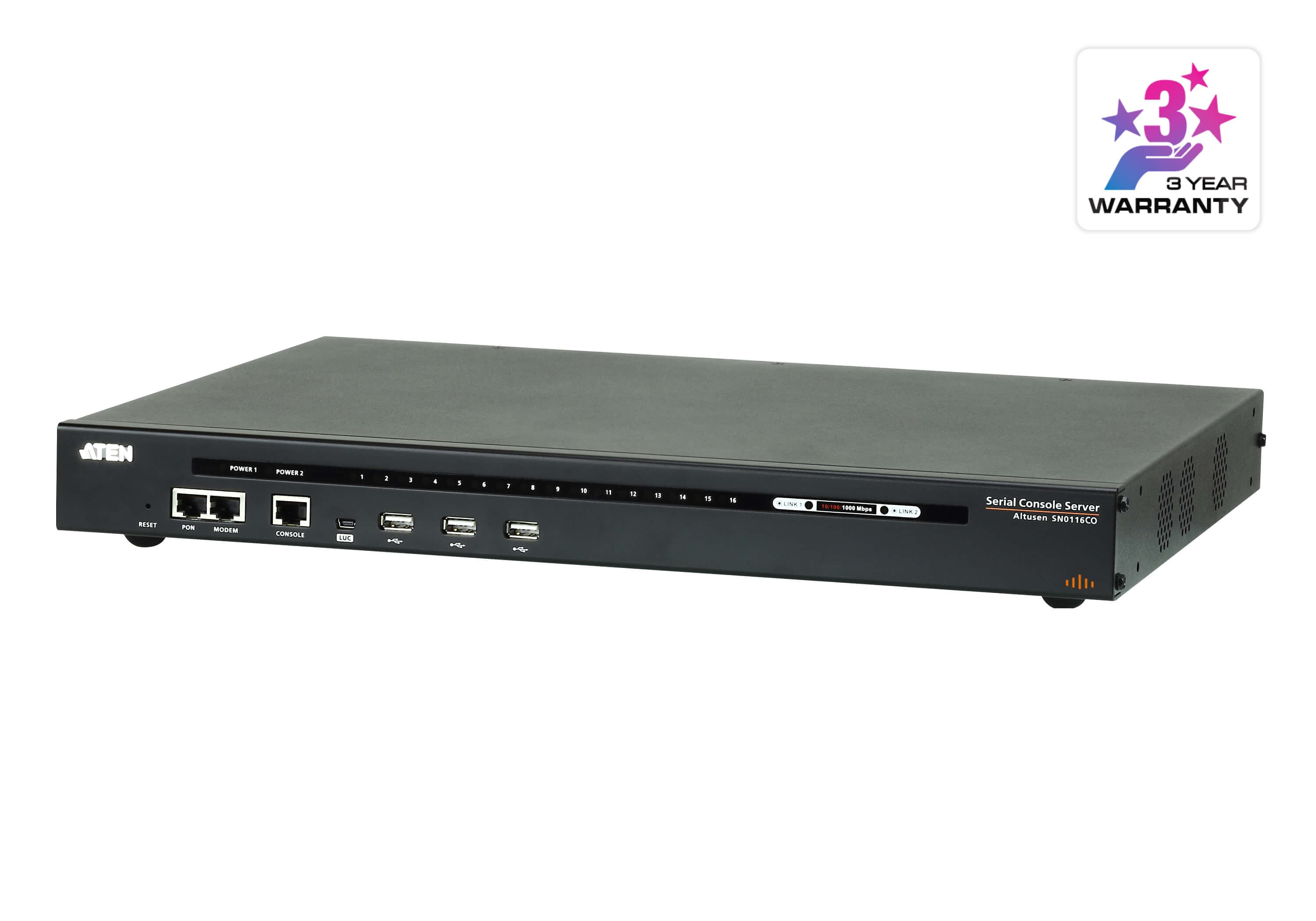 ATEN SN0116COD 16-Port Serial Console Server with Dual DC Power / LAN - angled product view (ATEN publishes one photo for the series - shown here is the AC-power SN0116CO; the SN0116COD is the DC-power variant of the same chassis)