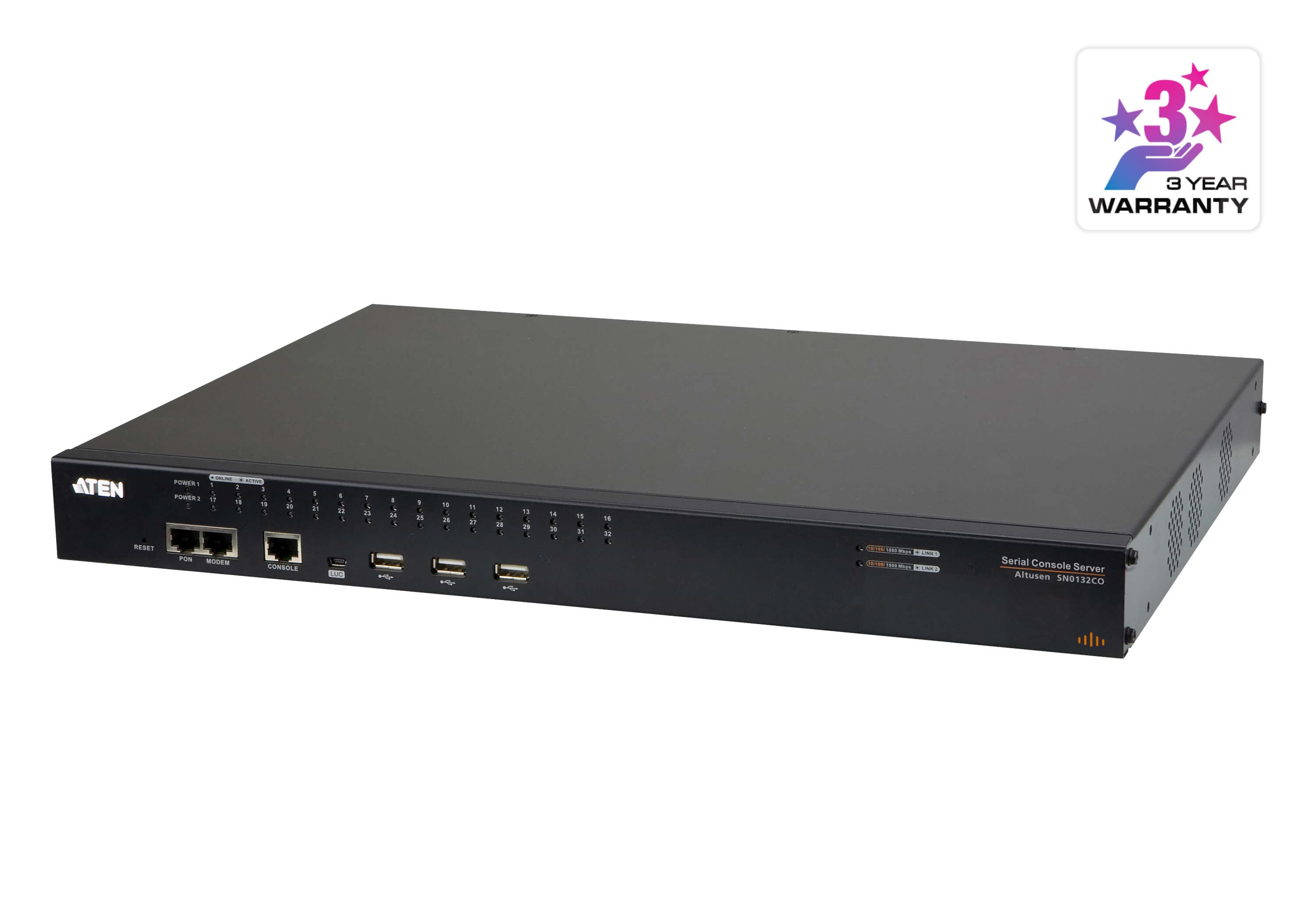 ATEN SN0132COD 32-Port Serial Console Server with Dual DC Power / LAN - angled product view (ATEN publishes one photo for the series - shown here is the AC-power SN0132CO; the SN0132COD is the DC-power variant of the same chassis)