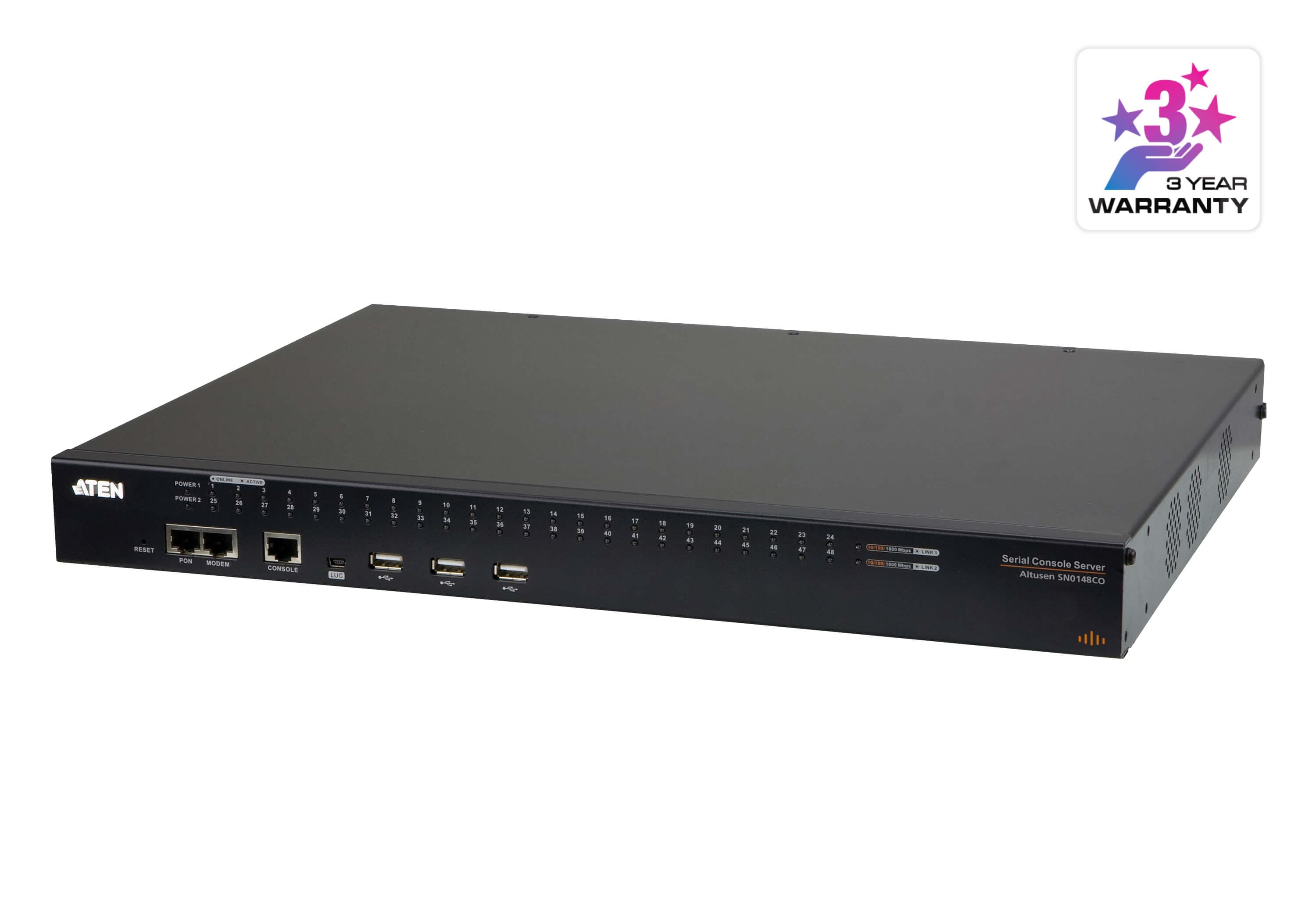 ATEN SN0148COD 48-Port Serial Console Server with Dual DC Power / LAN - angled product view (ATEN publishes one photo for the series - shown here is the AC-power SN0148CO; the SN0148COD is the DC-power variant of the same chassis)