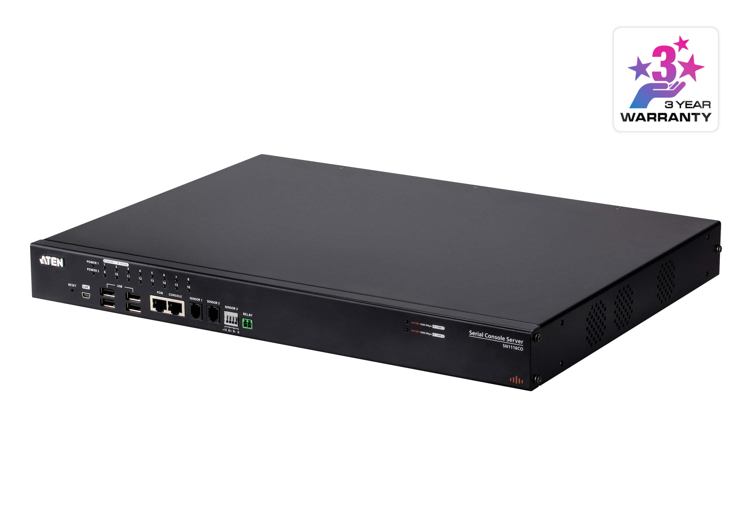 ATEN SN1116COD 16-Port Serial Console Server with Dual DC Power / SFP - angled product view (ATEN publishes one photo for the series - shown here is the AC-power SN1116CO; the SN1116COD is the DC-power variant of the same chassis)
