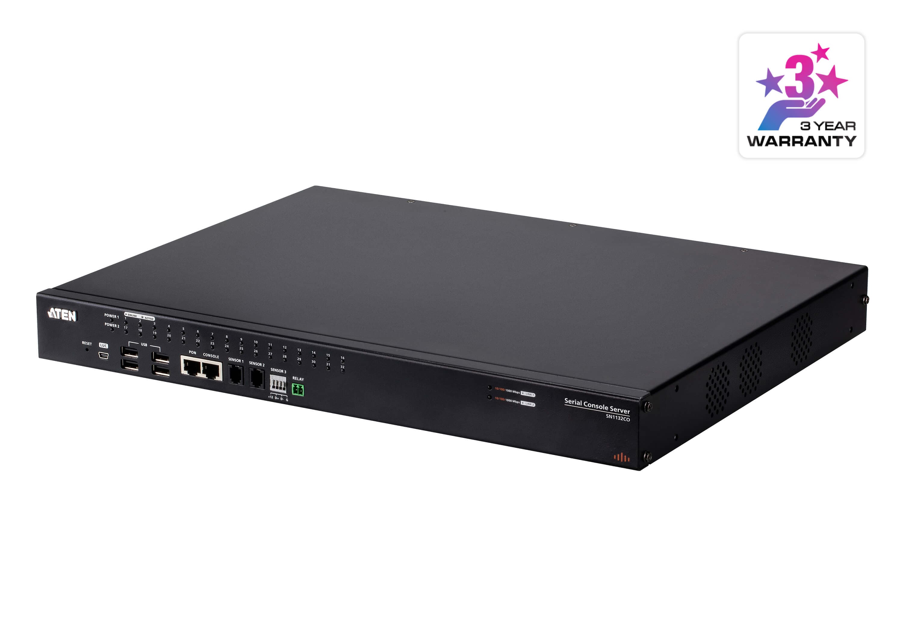 ATEN SN1132CO 32-Port Serial Console Server with Dual Power / SFP - angled product view