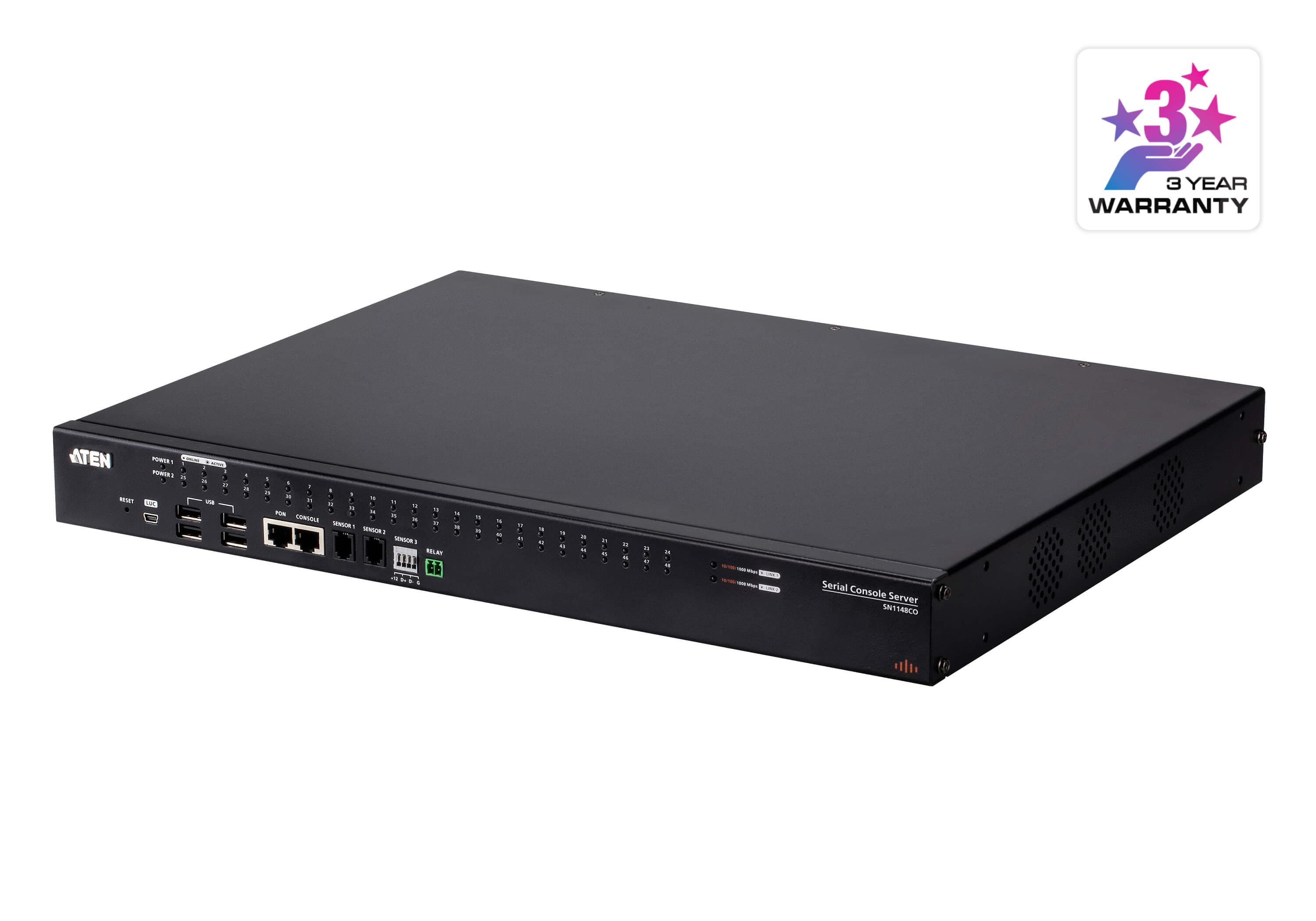 ATEN SN1148CO 48-Port Serial Console Server with Dual Power / SFP - angled product view