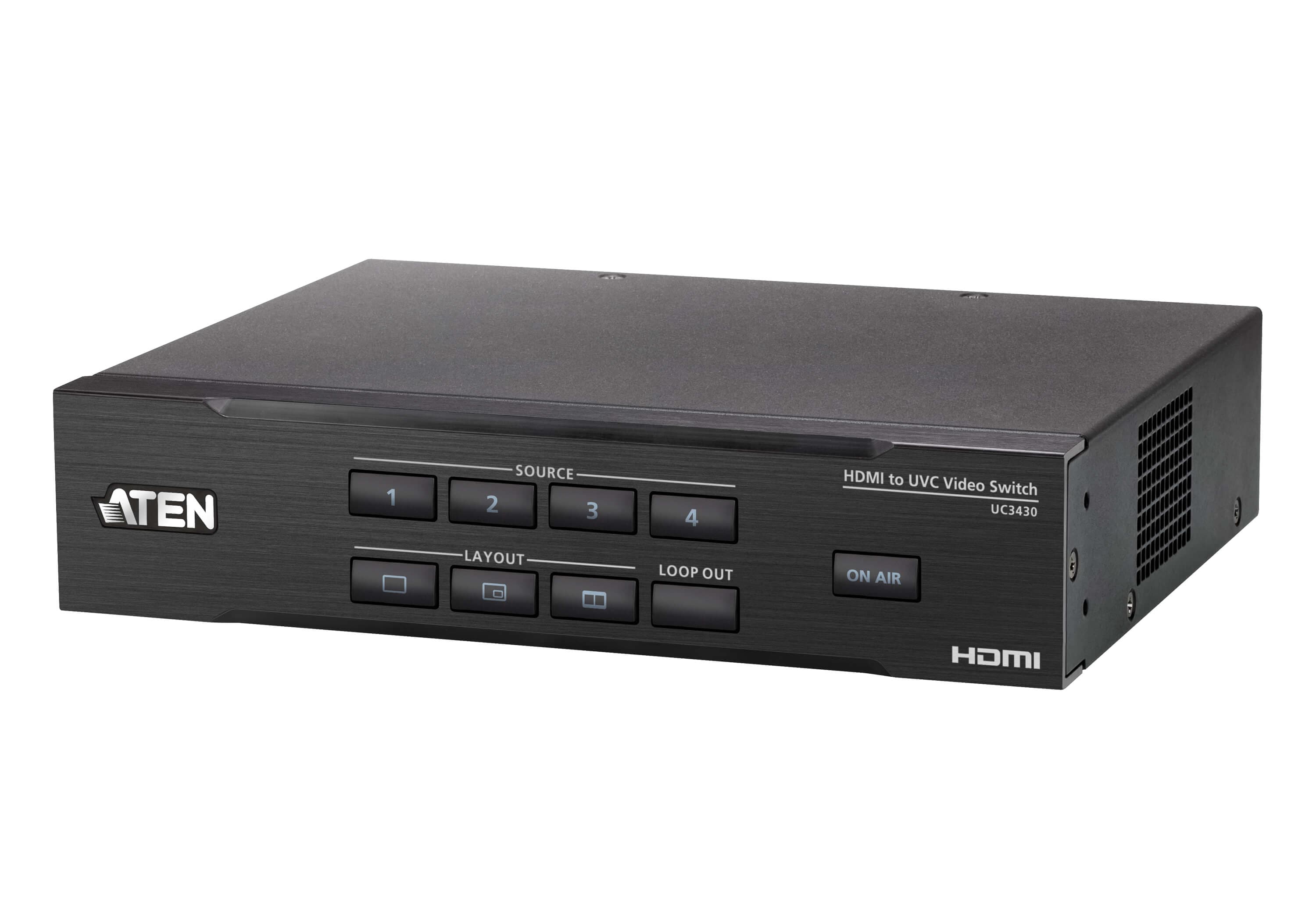 ATEN UC3430 CAMLIVE PRO 4K 4-Input HDMI to USB Video Switcher - angled product view