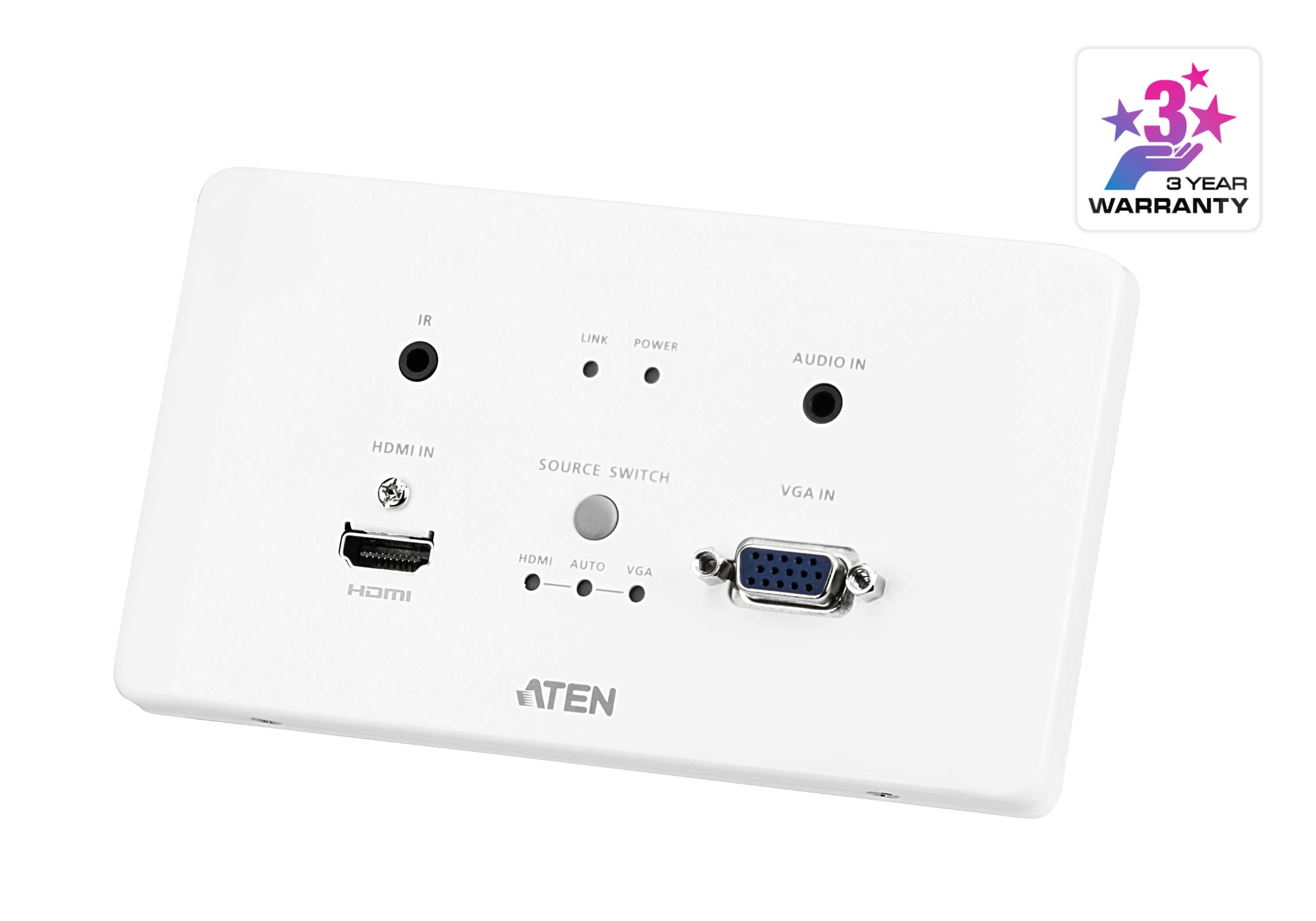 ATEN VE2812AEUT HDMI & VGA HDBaseT Transmitter with EU Wall Plate / PoH (4K@100m)(PoH PD) - angled product view
