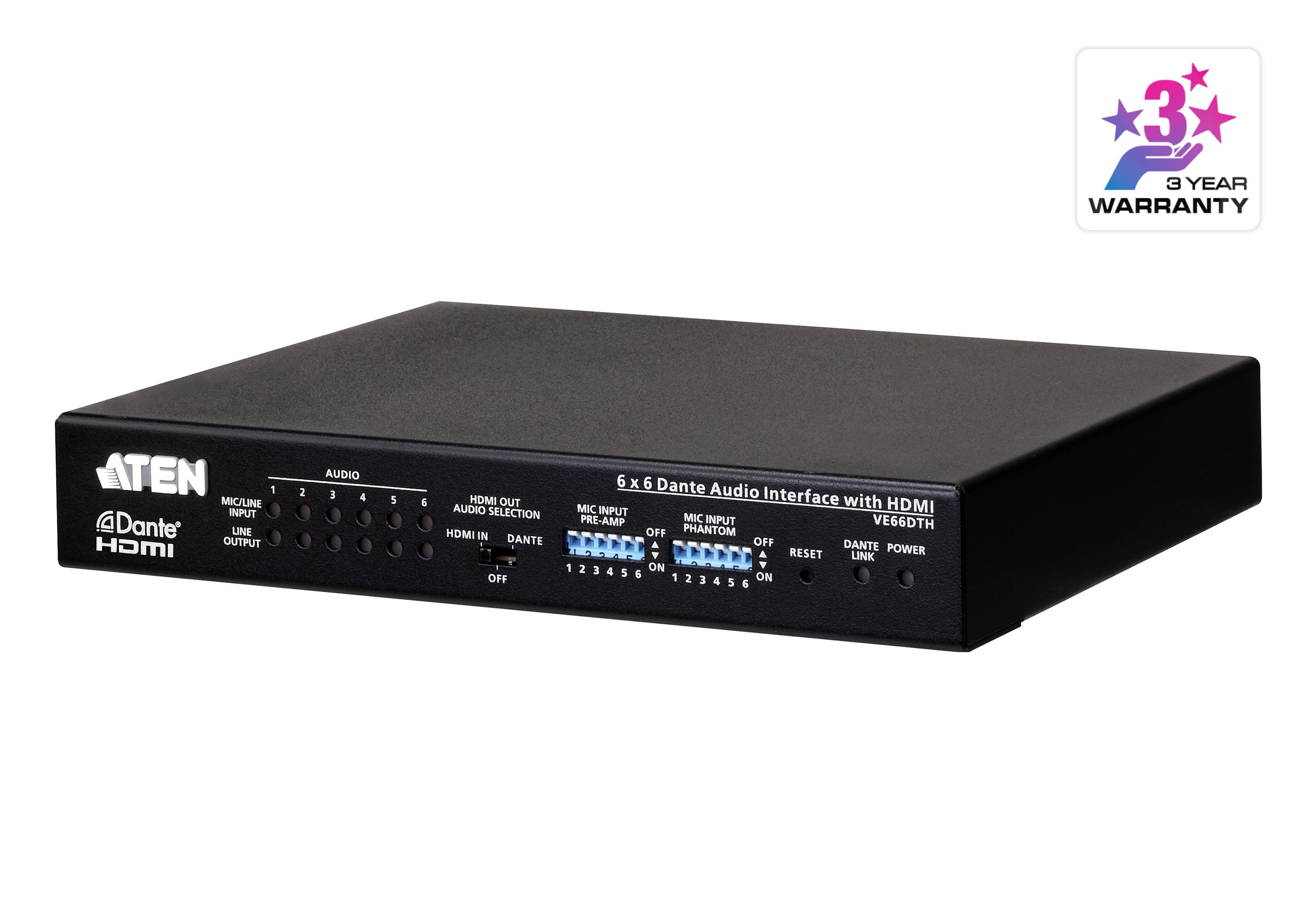 ATEN VE66DTH 6 x 6 Dante Audio Interface with HDMI - angled product view
