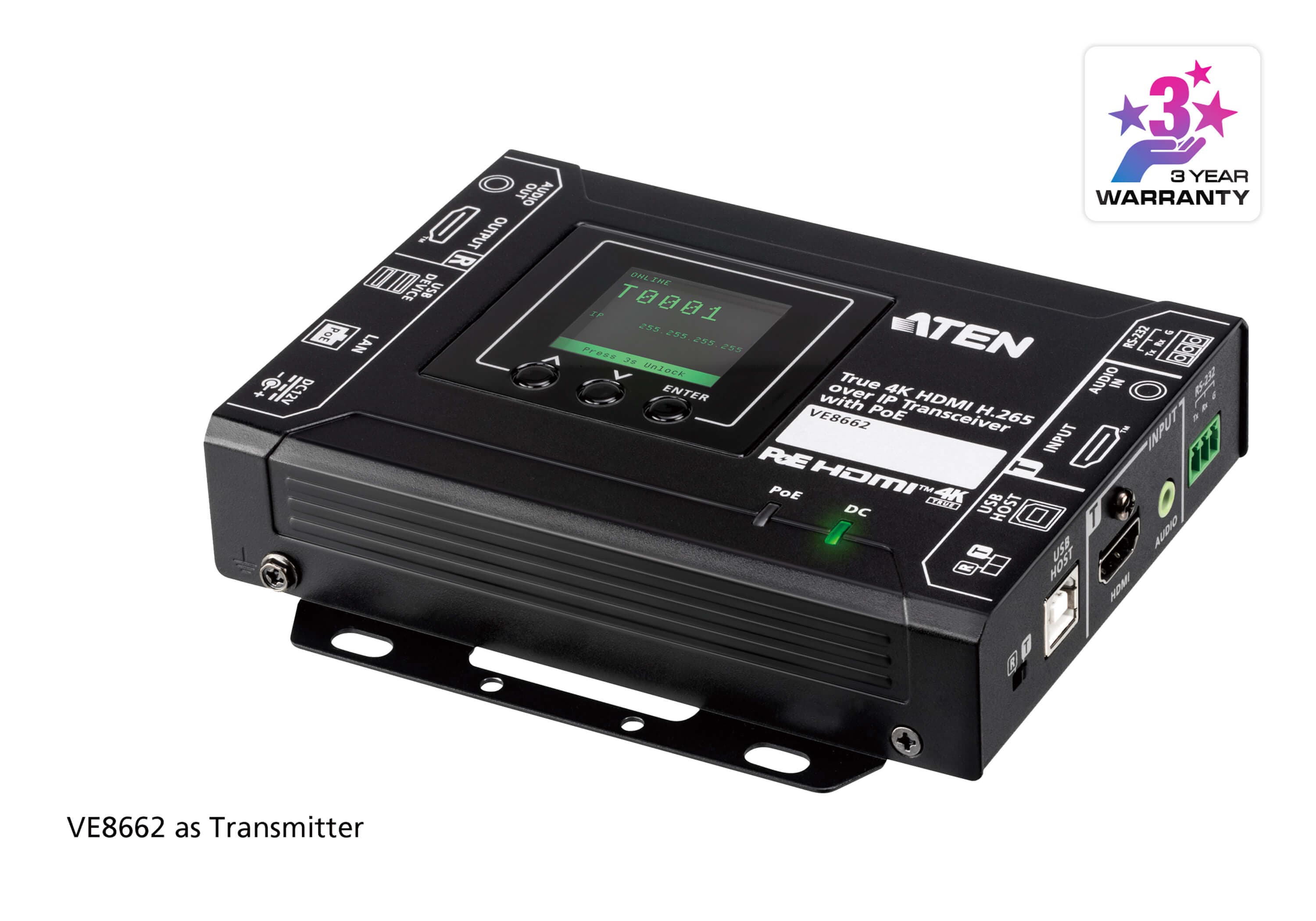 ATEN VE8662 True 4K HDMI H.265 over IP Transceiver with PoE - angled product view