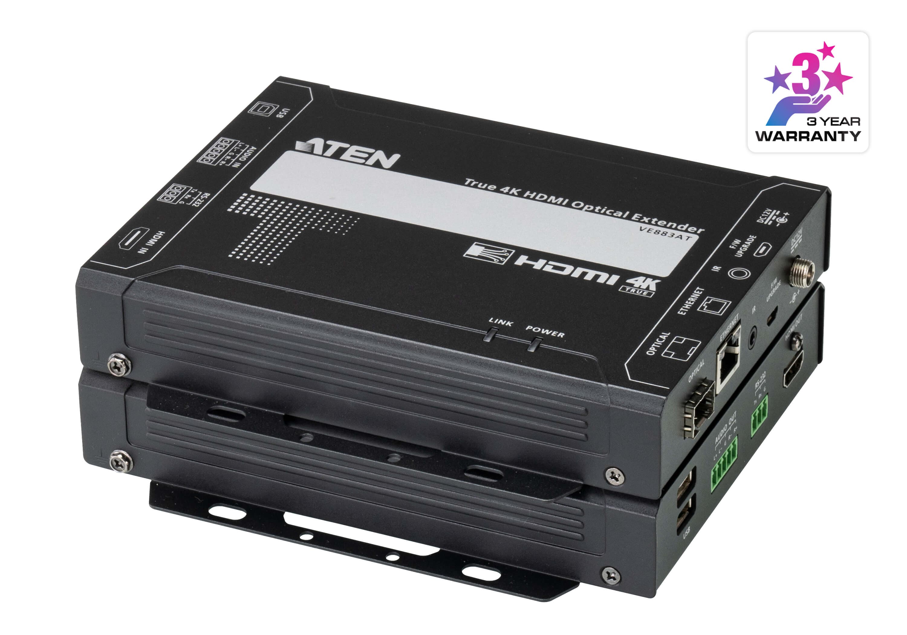 ATEN VE883AK1 True 4K HDMI Optical Extender Kit (Multimode, 300 m) - angled product view (ATEN publishes one photo for the VE883A series - shown here is the transmitter and receiver pair; the K1/K2 difference is the supplied SFP+ module, not the hardware)