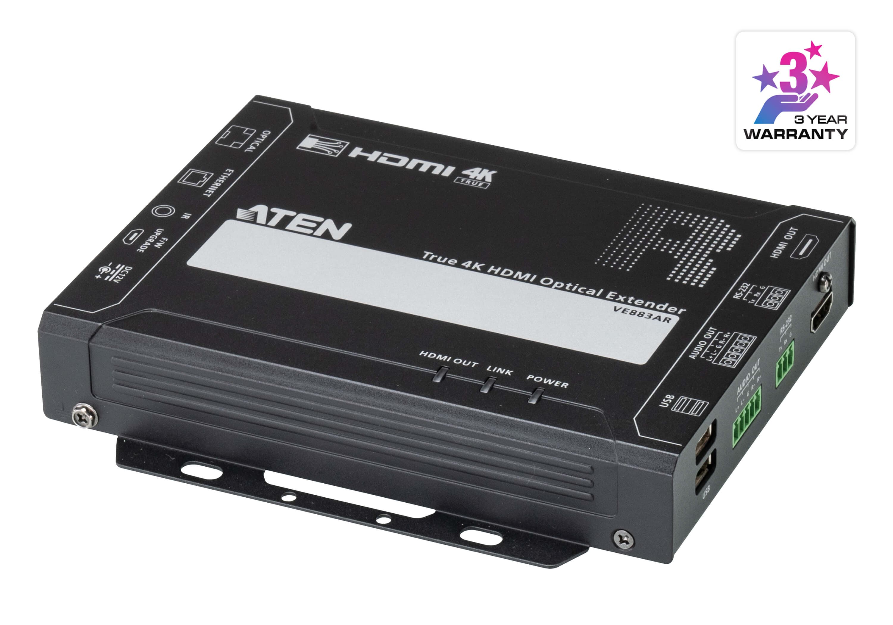 ATEN VE883ARK2 True 4K HDMI Optical Receiver (Singlemode, 10 km) - angled product view (ATEN publishes one photo for the VE883AR - the K1/K2 difference is the supplied SFP+ module, not the receiver itself)