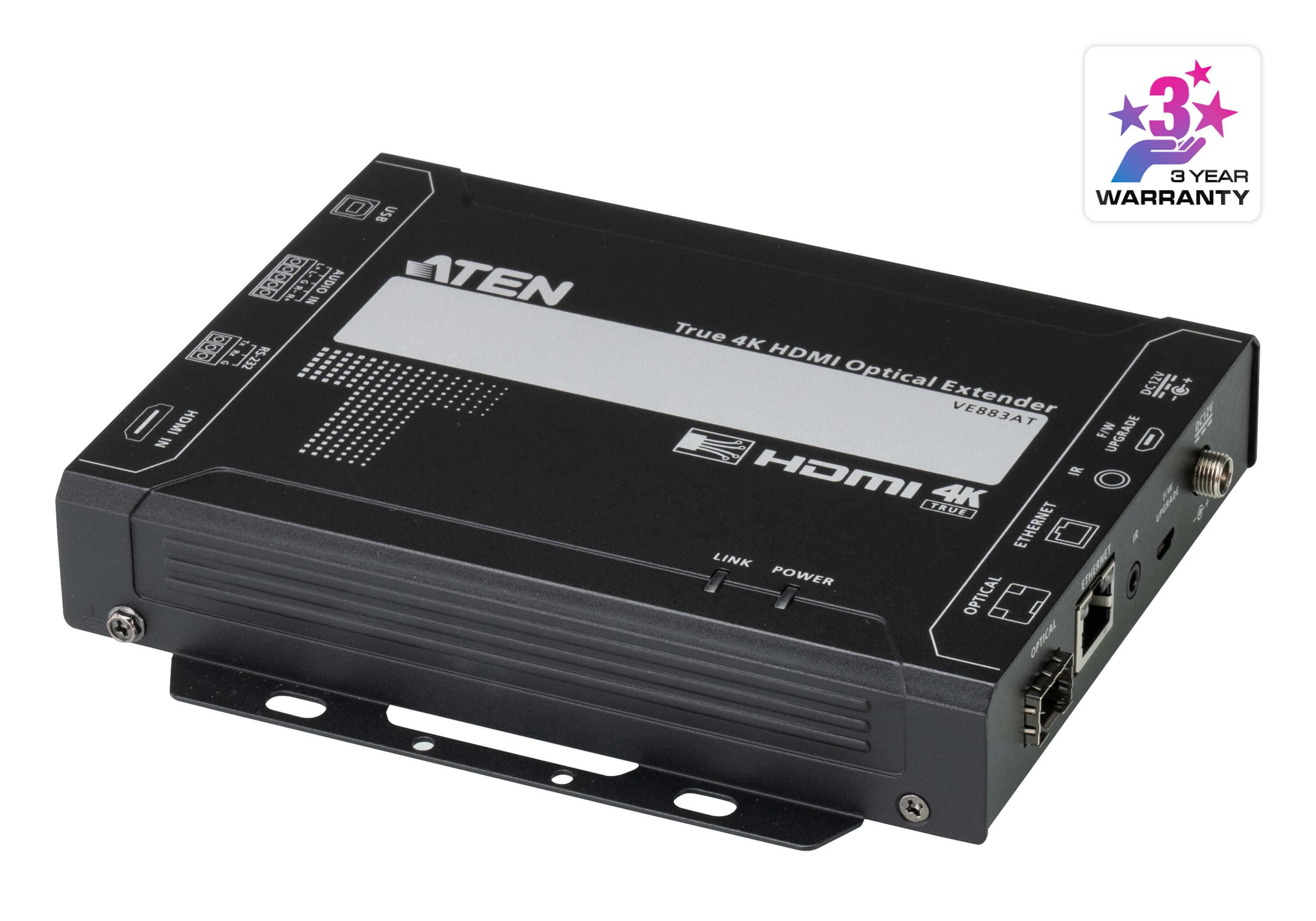 ATEN VE883ATK1 True 4K HDMI Optical Transmitter (Multimode, 300 m) - angled product view (ATEN publishes one photo for the VE883AT - the K1/K2 difference is the supplied SFP+ module, not the transmitter itself)