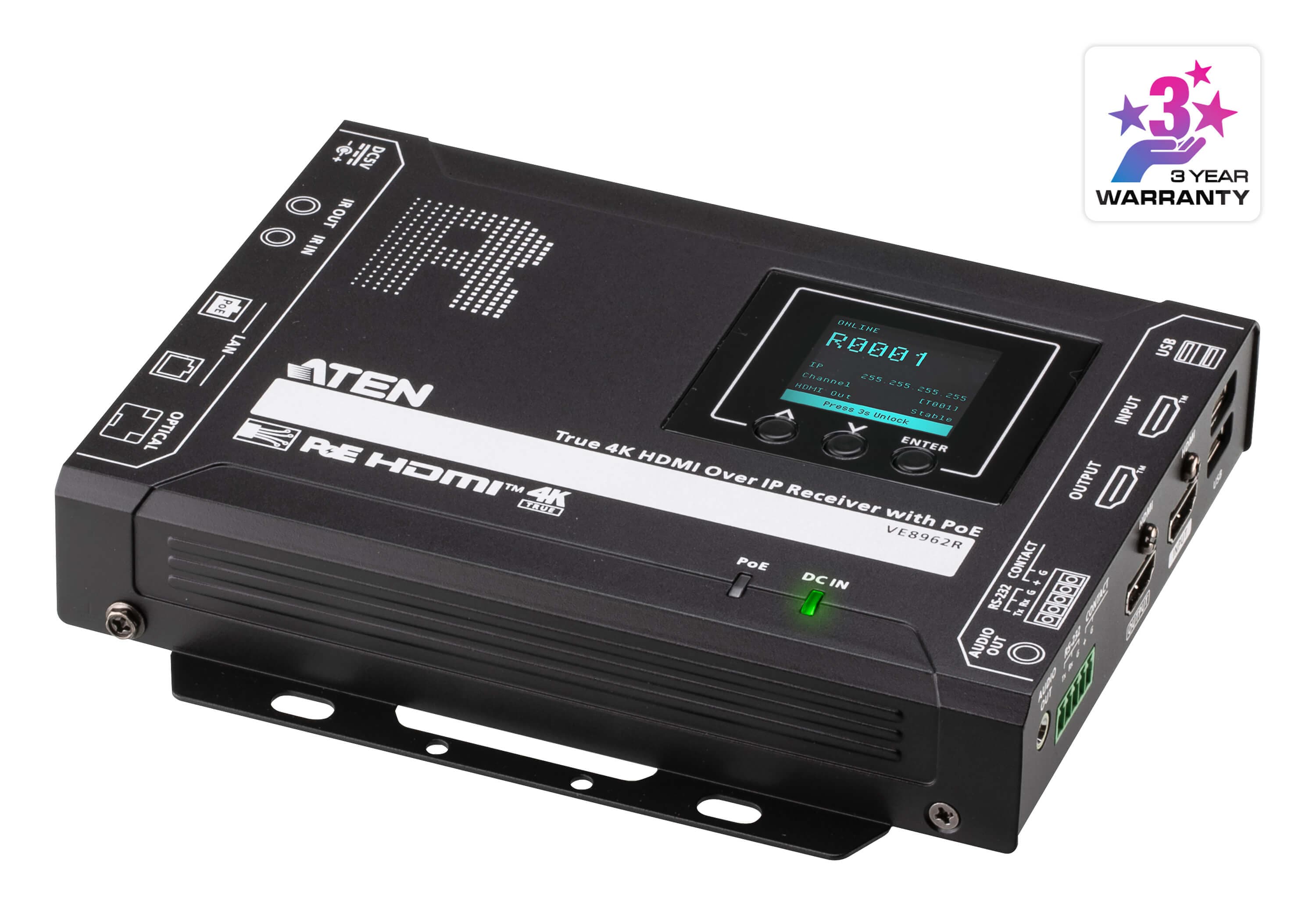 ATEN VE8962R True 4K HDMI over IP Receiver with PoE - angled product view