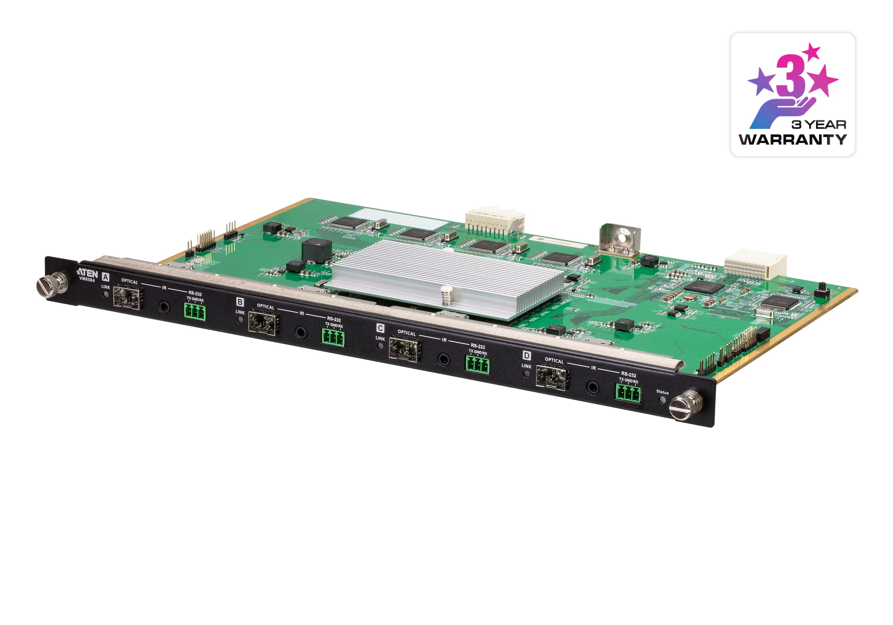 ATEN VM8584K1 4-Port 10G Optical Output Board (Multimode, 300 m) - angled product view (ATEN publishes one photo for the VM8584 - the K1/K2 difference is the supplied SFP+ module, not the board)
