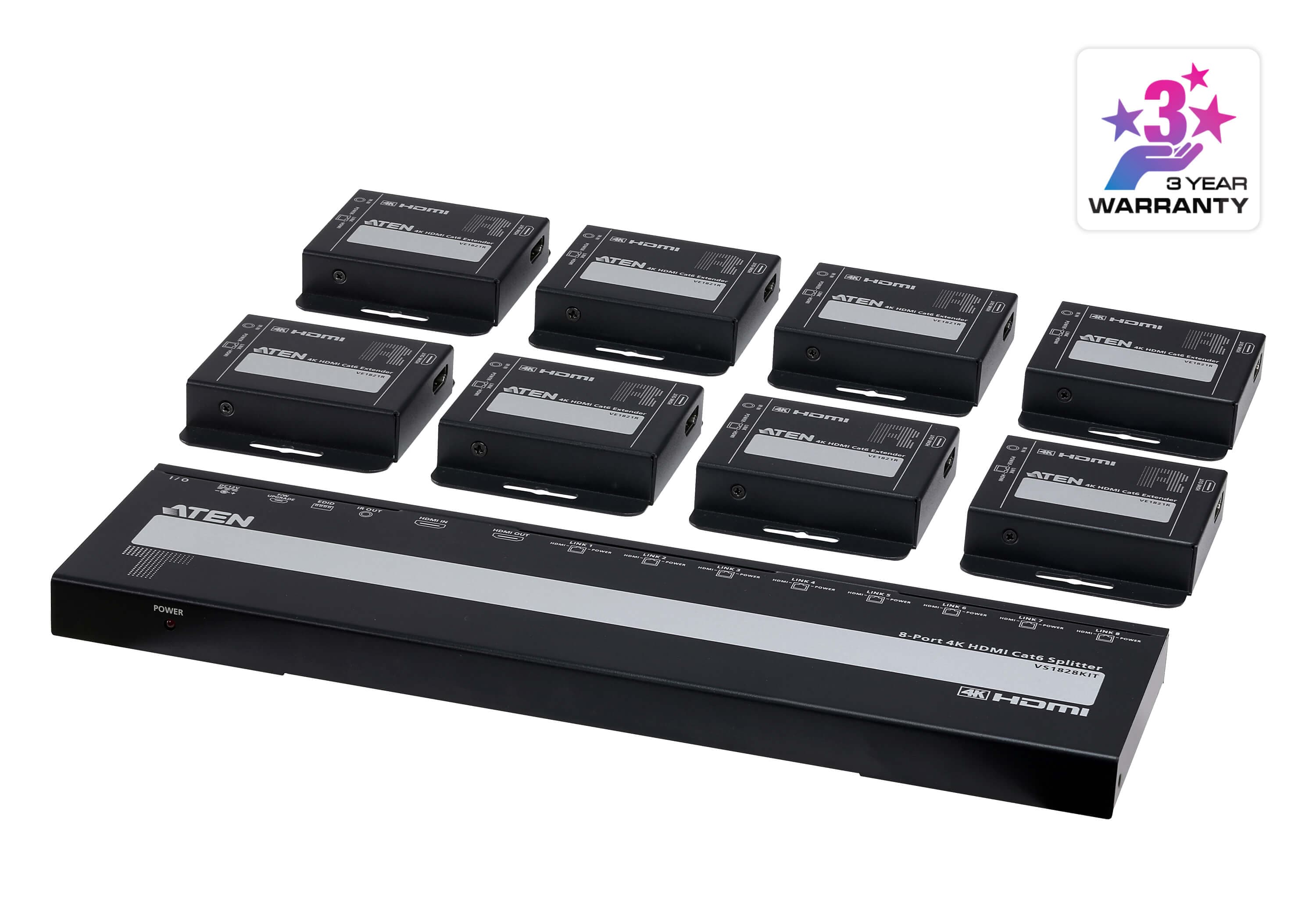 ATEN VS1828KIT 8-Port 4K HDMI Cat 6 Splitter with Receivers - angled product view