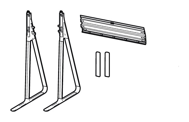 Line drawing of the Cisco CS-BRD55P-FS= Board Pro 55 floor stand components - two legs, the cross rail and two covers - taken from Cisco's Board Pro Spare Parts List; Cisco does not publish a photograph of this part